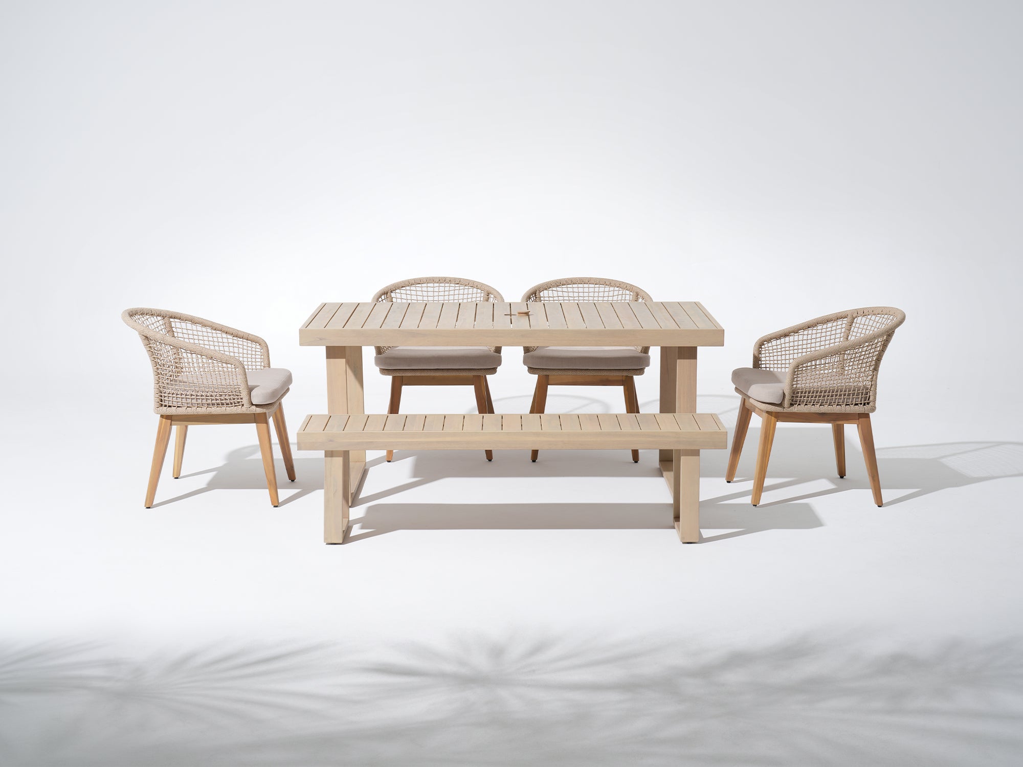 Acacia wood Outdoor Dining Set with Umbrella Hole for 6 People, four Checkerboard Woven Chairs & a Bench, 67" Sled-Leg- Jardina Premium Modern Outdoor Dining Furniture 