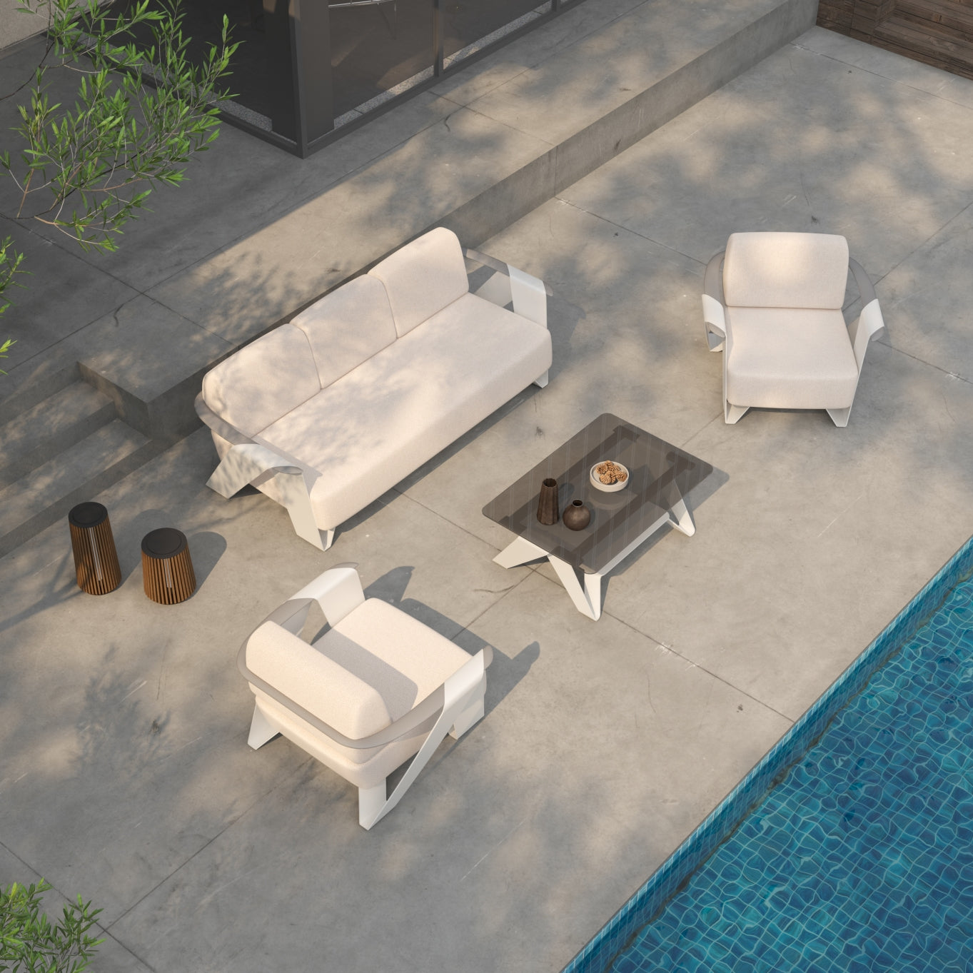 white outdoor sofa set, white aluminum frame and white cushions - Jardina Premium Modern Outdoor Patio Furniture