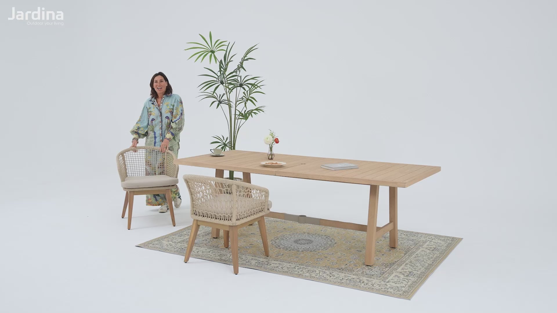 Noto Wooden Outdoor Dining Set with Checkerboard Woven Chairs for 6 Pe