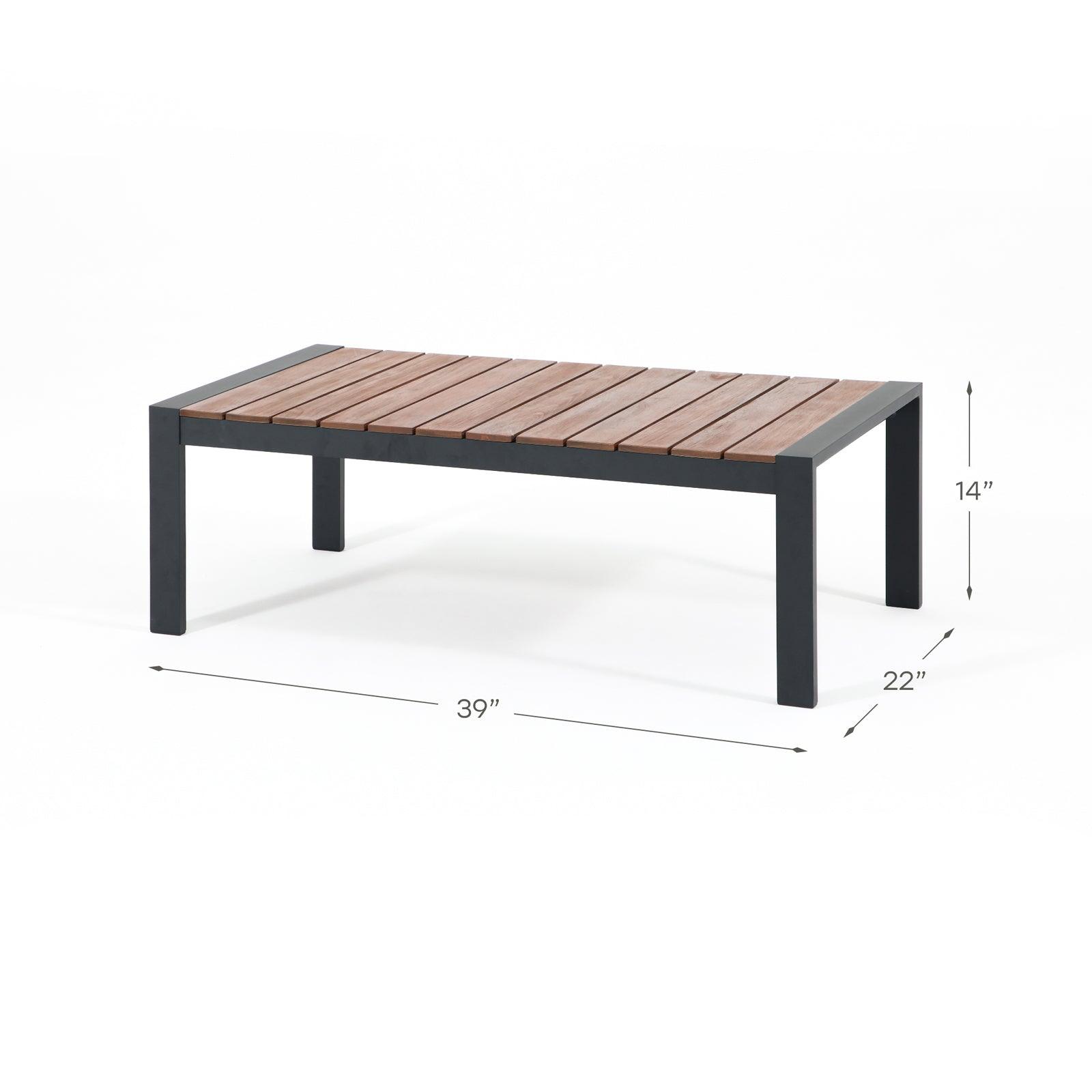 Ronda Grey aluminum outdoor coffee table with wood design, Dimension information- Jardina Furniture
