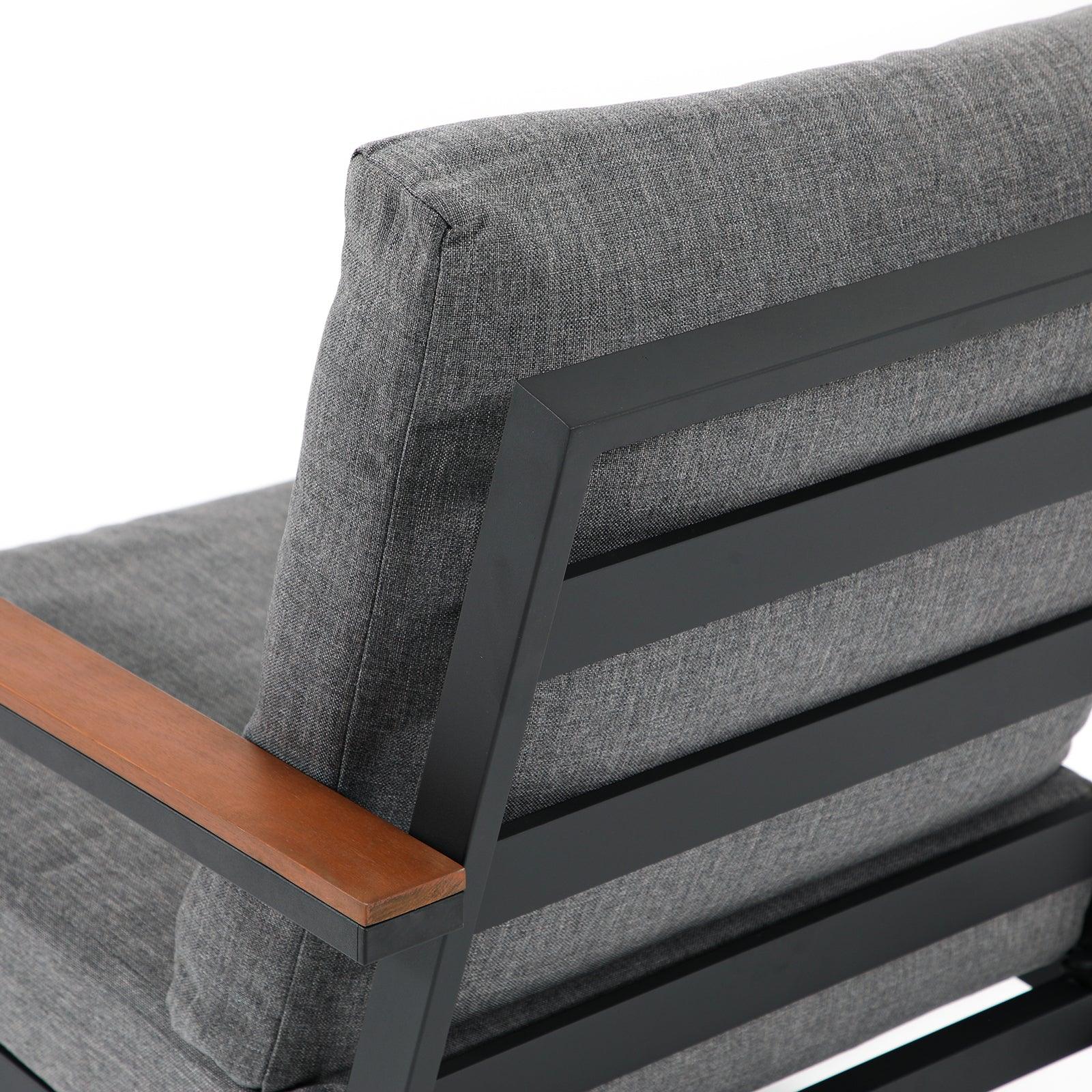 Ronda Grey aluminum outdoor lounge chair with wood design, grey cushions, wood finish armrest, detailed information- Jardina Furniture