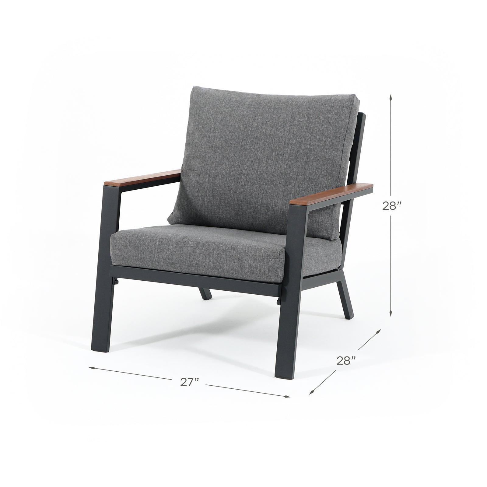 Ronda Grey aluminum outdoor lounge chair  with wood design, grey cushions, wood finish armrest, Dimension information- Jardina Furniture