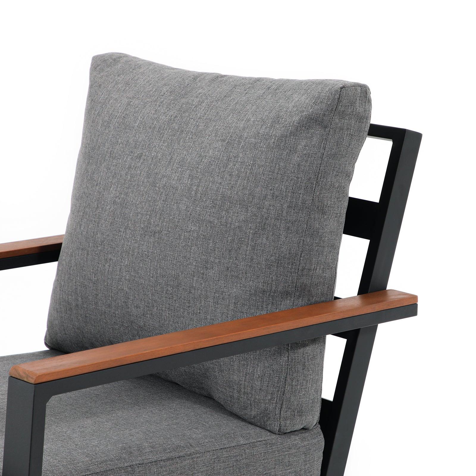 Ronda Grey aluminum outdoor sofa, grey cushions, durable aluminum frame, Chair close-up view- Jardina Furniture