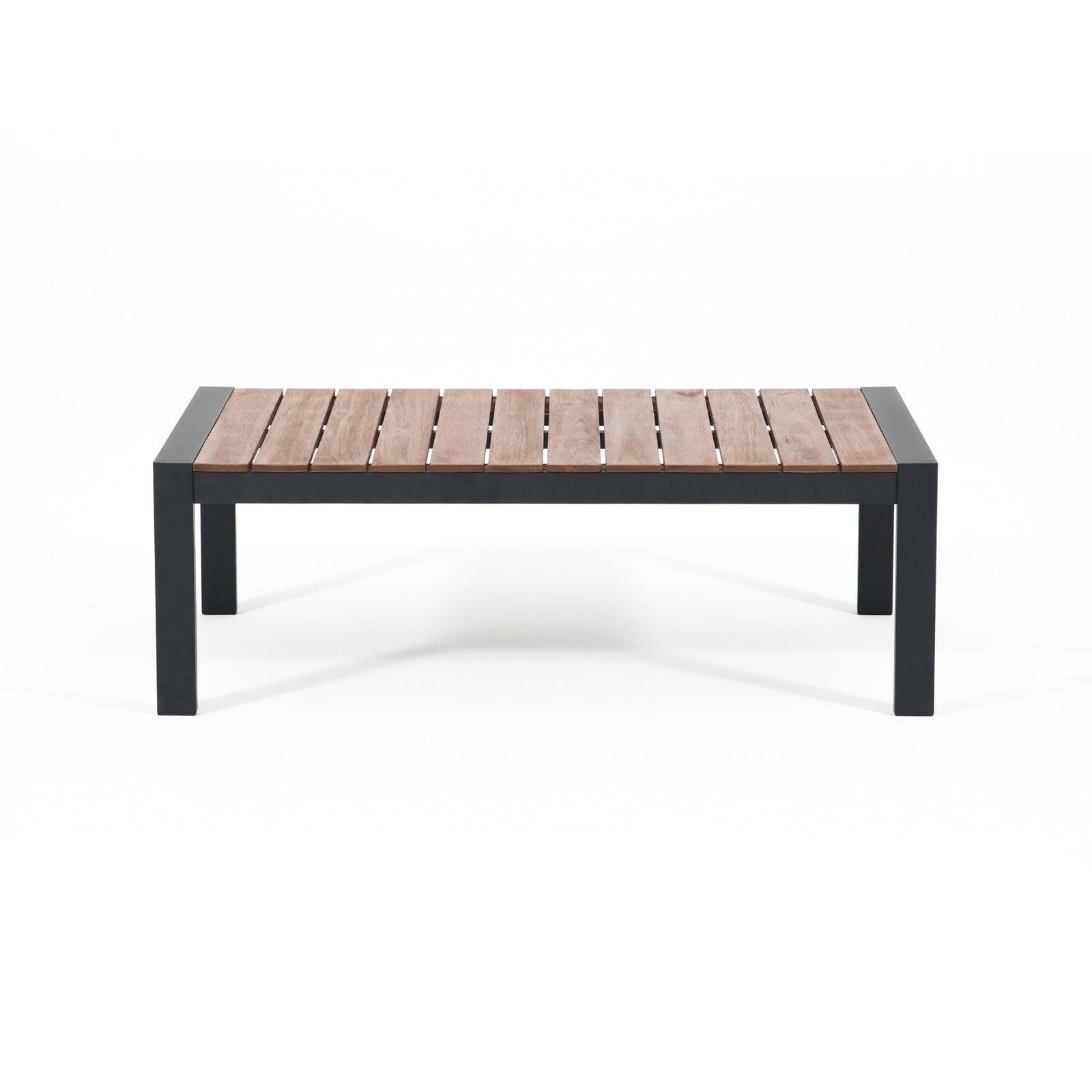 Ronda Modern Outdoor Coffee Table, Rectangular Aluminum Frame Accent Table with Wood Slat Top, Front view- Jardina Furniture
