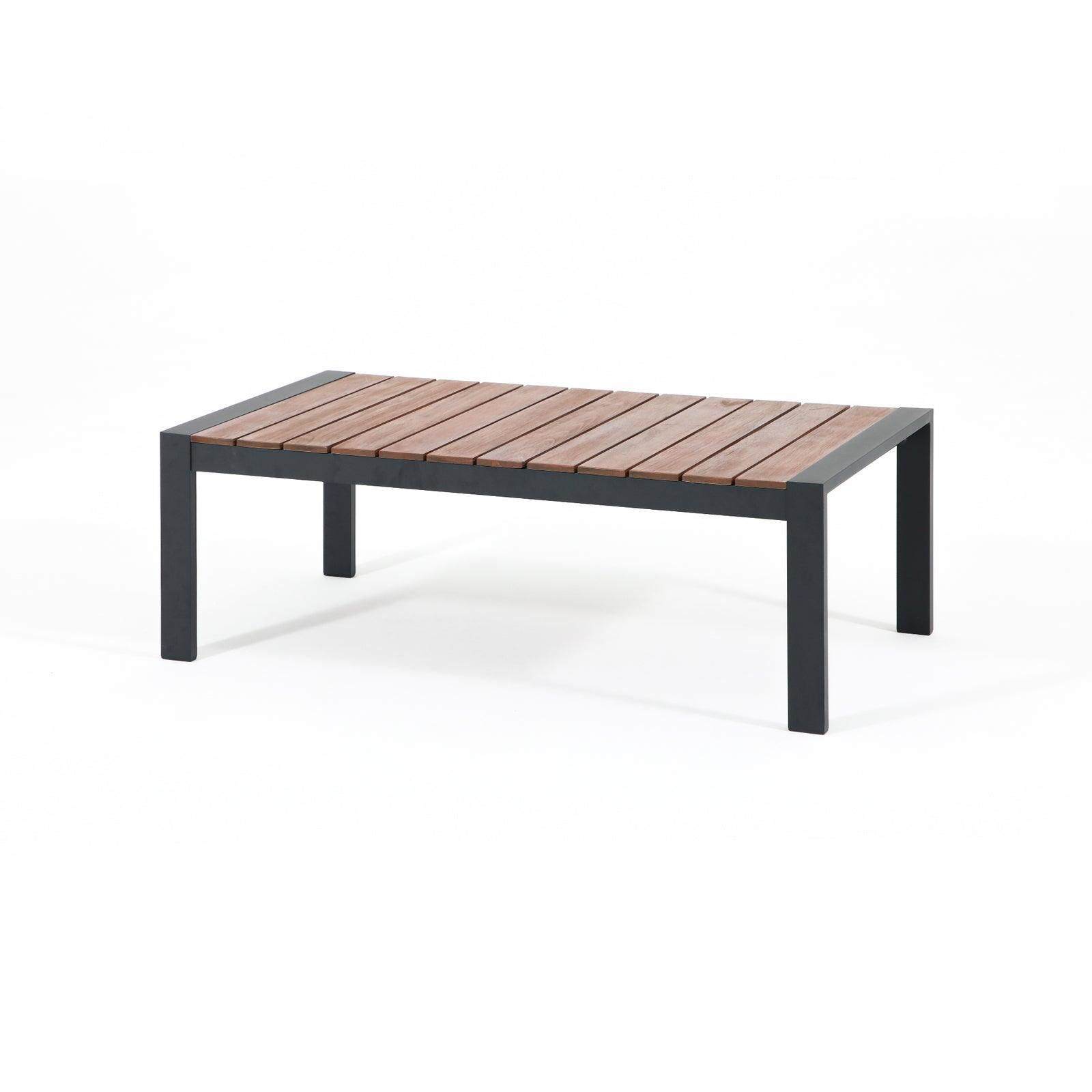Ronda Modern Grey aluminum outdoor coffee table with wood design, grey finish, slat-top eucalyptus wood finish table, Left view- Jardina Furniture