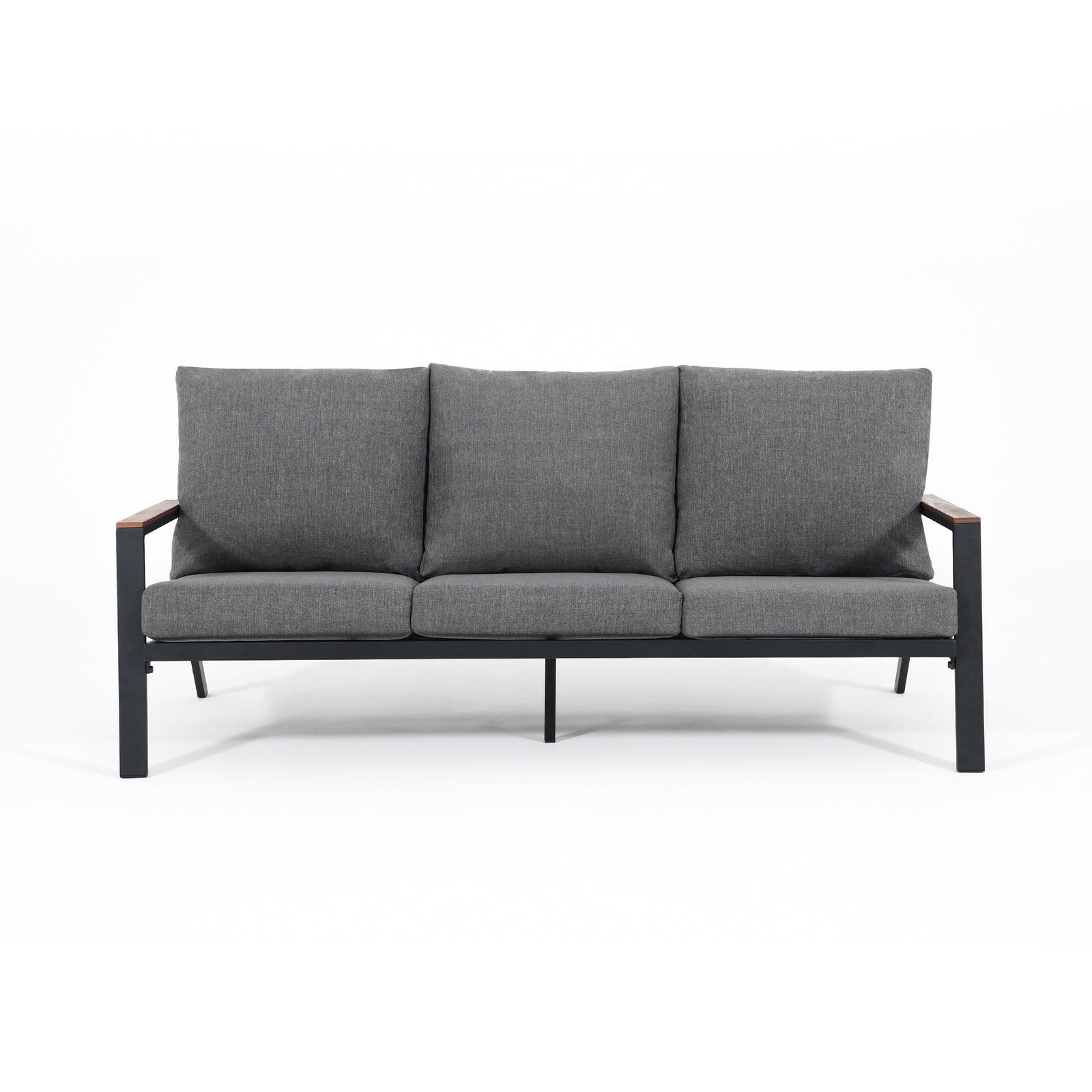 Ronda Modern Aluminum Frame Outdoor Furniture, Grey 3-Seater Outdoor Sofa with grey cushions, wood finish armrest, Front View- Jardina Furniture