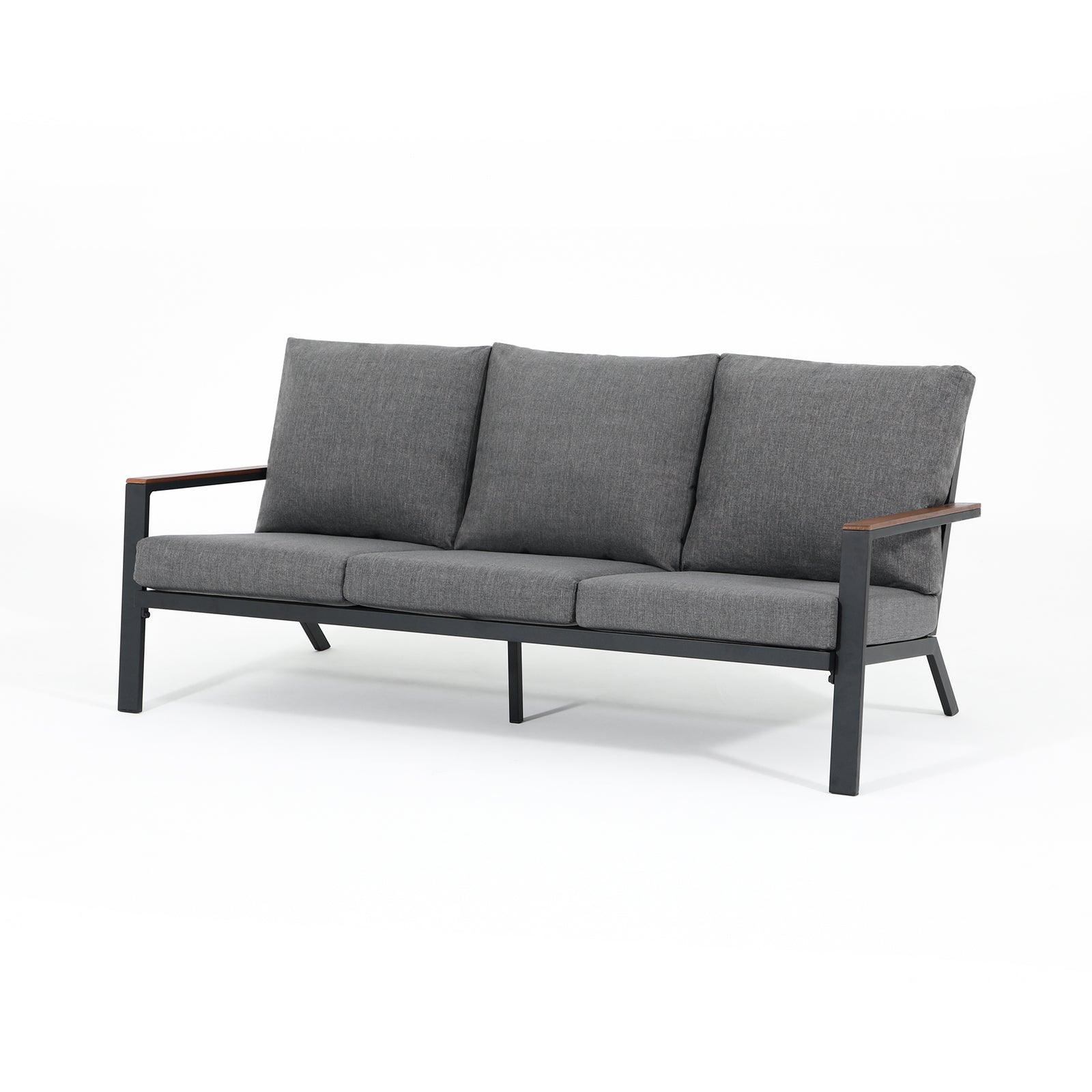 Ronda Modern Grey Frame Outdoor Furniture, modern outdoor sofa with wood design, grey cushions, wood finish armrest, Left View- Jardina Furniture