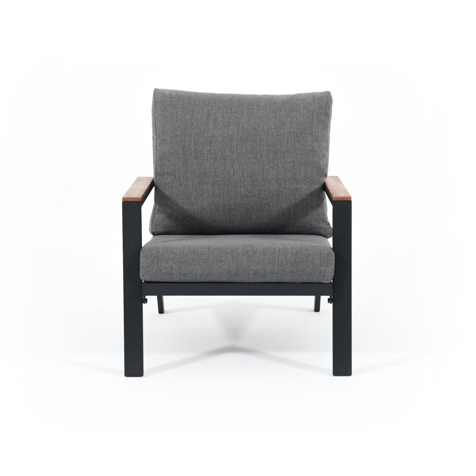 Ronda Grey Aluminum Lounge Chairs with Grey Cushions, wood finish armrest, front view- Jardina Furniture