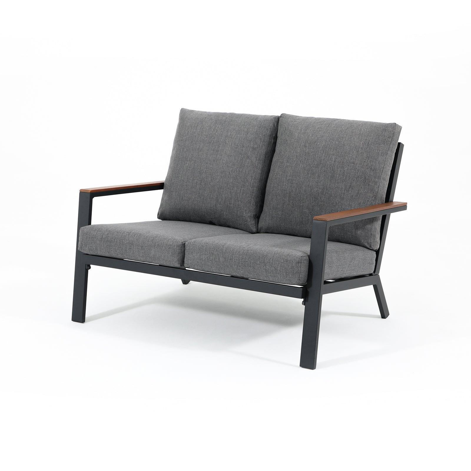 Ronda Modern Aluminum Frame Outdoor Furniture, Grey Outdoor Loveseat with grey cushions, wood finish armrest, Side View- Jardina Furniture