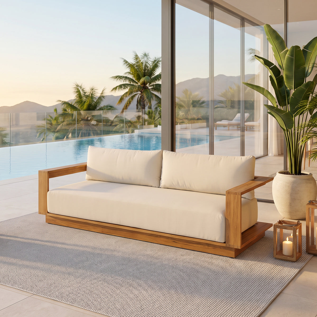 Braga FSC-Certified Teak 3-Seater Outdoor Sofa, Wide Storage Armrests, Thick Cream Olefin Cushions