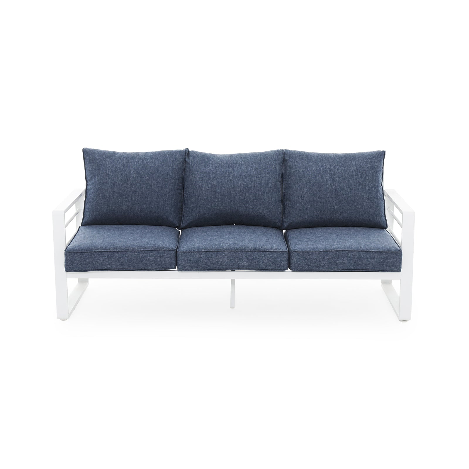 Salina 3-Seater White Aluminum Outdoor Couch with Navy Blue Cushions - Jardina Furniture