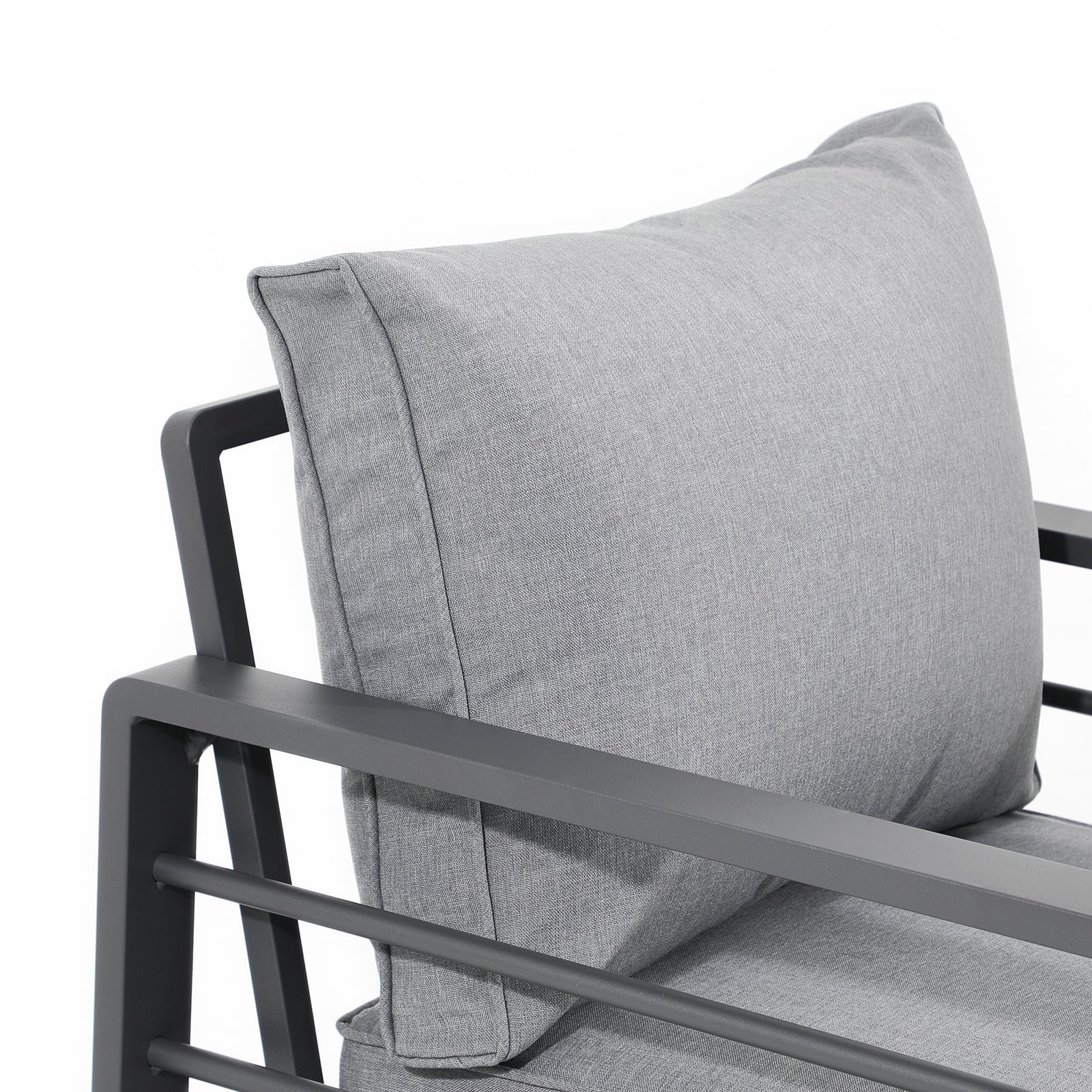 Salina outdoor lounge Chairs with aluminum frame, grey cushions, close-up view Jardina Furniture