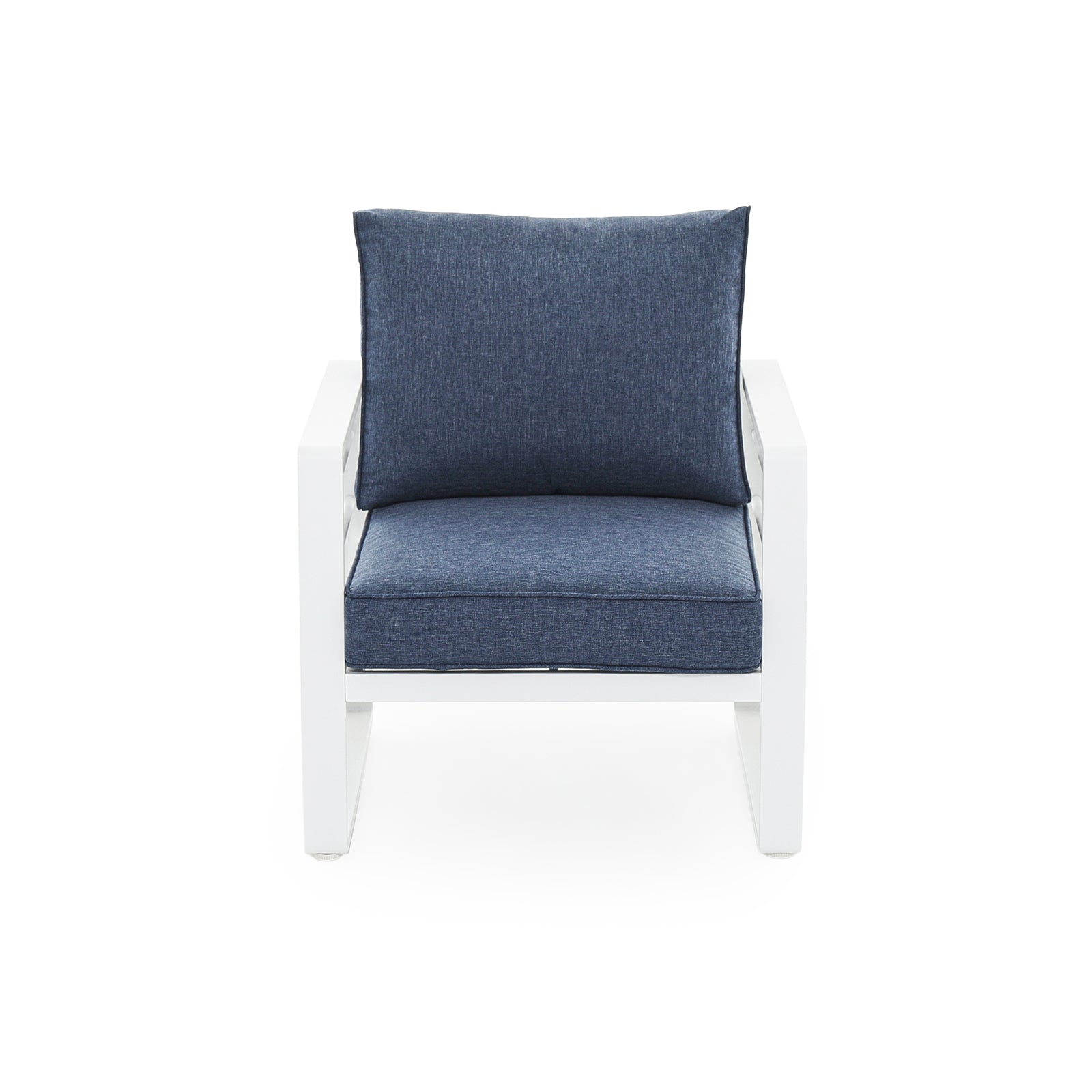 Salina White Aluminum Lounge Chairs with Navy Blue Cushions - Jardina Furniture