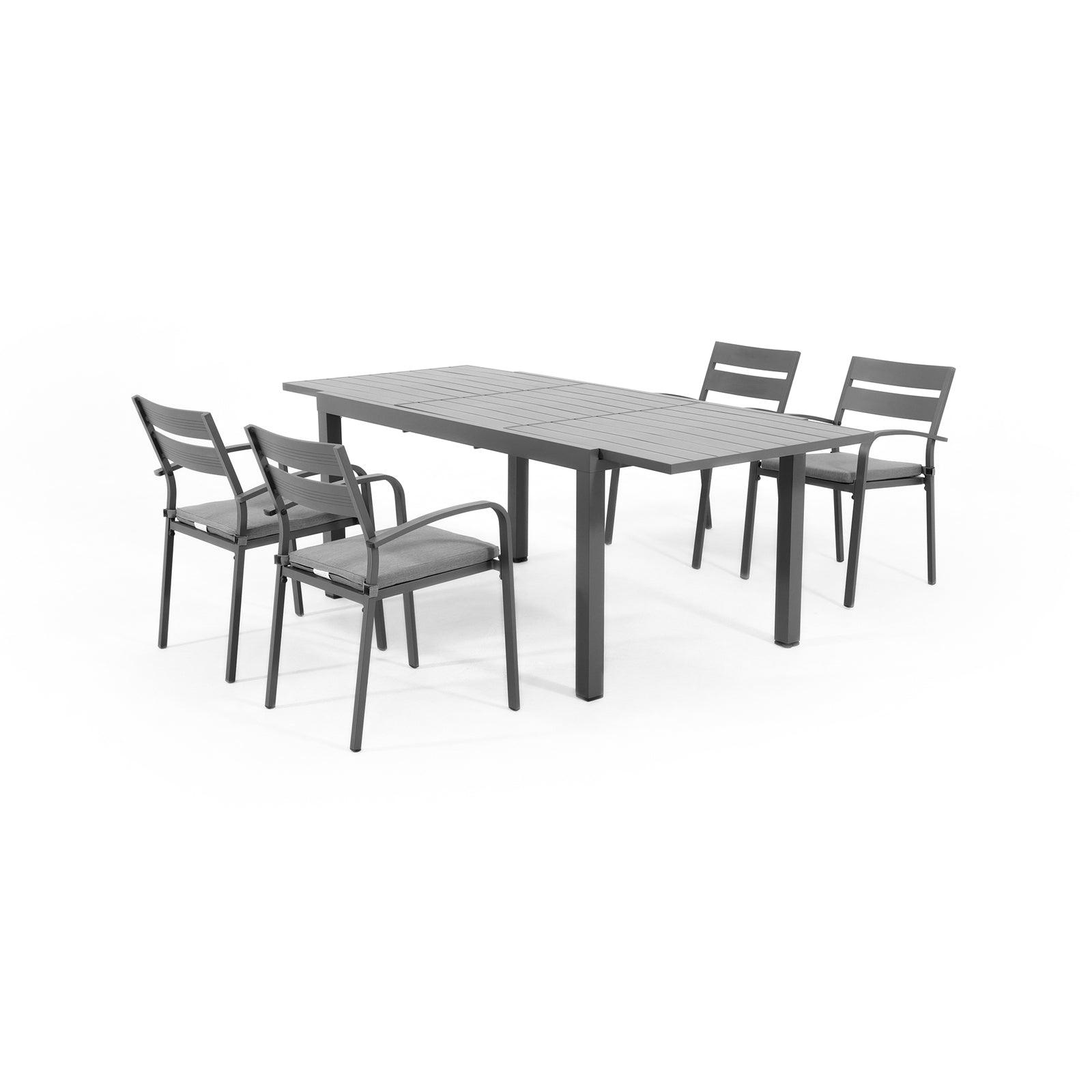 Salina Grey Aluminum Outdoor Dining Set, 4 dining chairs with cushions and 1 Extendable Table - Jardina Furniture #color_Grey#Pieces_5-pc.