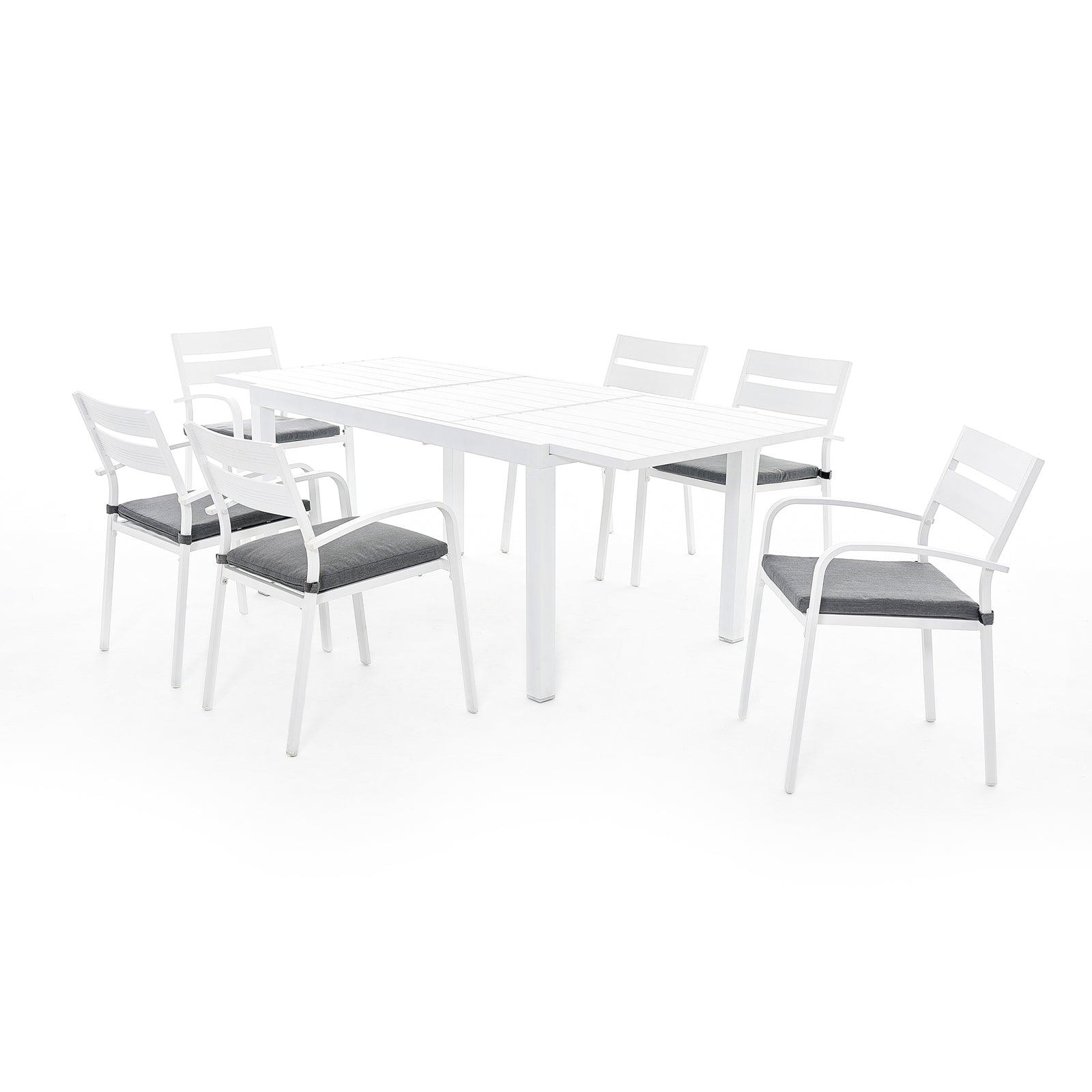 Salina White Aluminum Outdoor Dining Set, 6 dining chairs with cushions and 1 Extendable Table - Jardina Furniture #color_White#Pieces_7-pc.