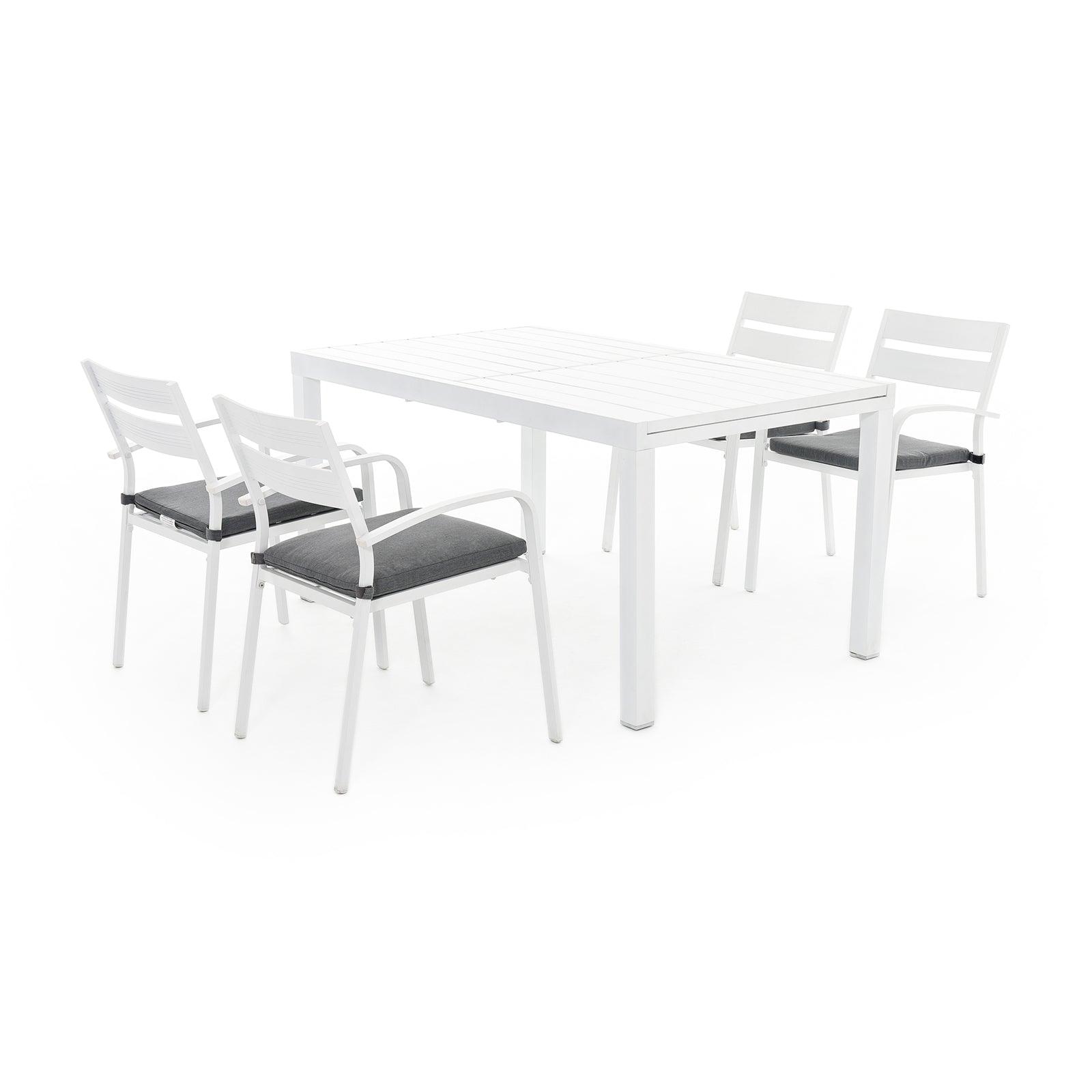 Salina White Aluminum Outdoor Dining Set, 4 dining chairs with cushions and 1 Extendable Table - Jardina Furniture #color_White#Pieces_5-pc.