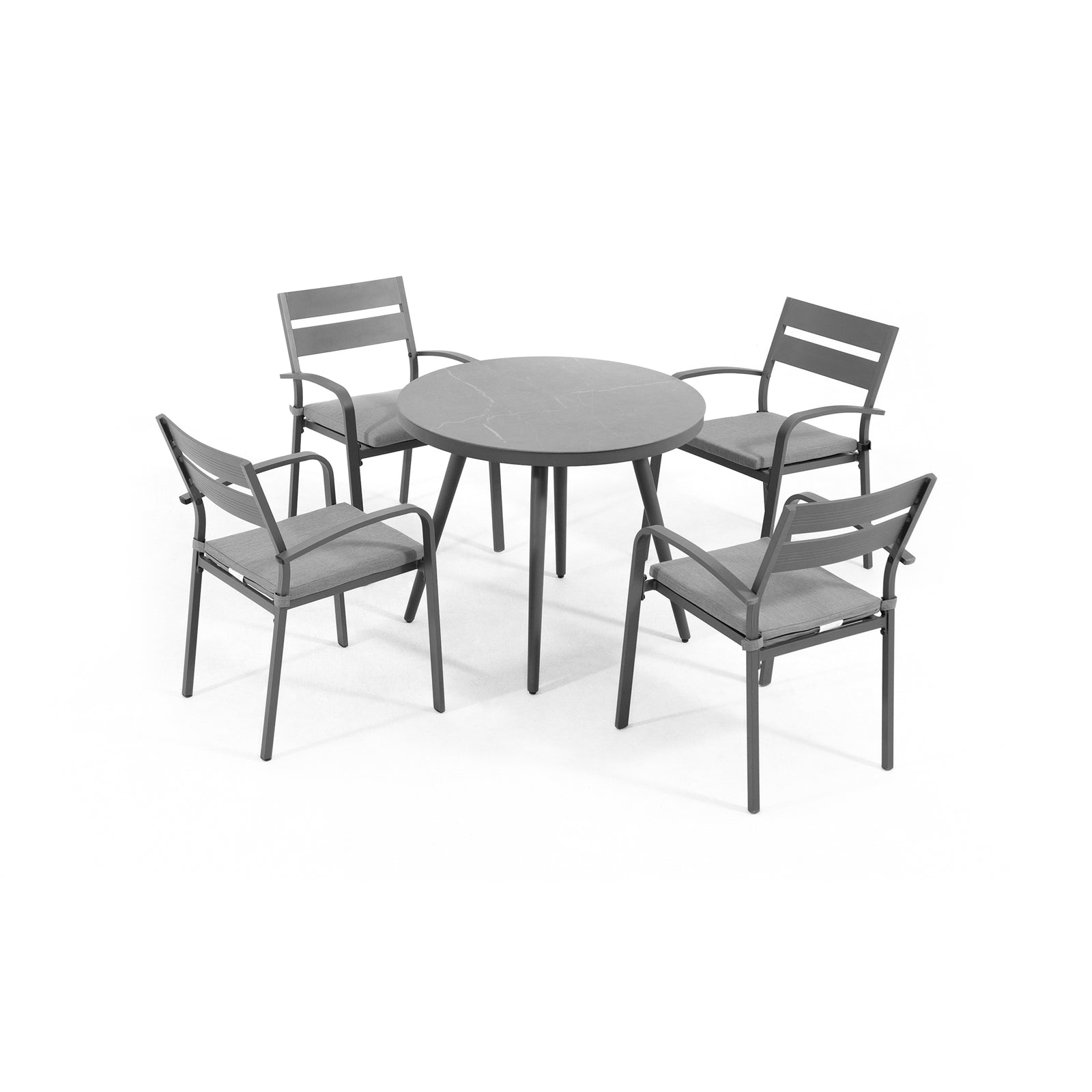 Salina Modern Aluminum Outdoor Furniture, 4-person grey aluminum frame contemporary outdoor dining set, 1 round dining table, 4 dining chairs with grey cushions - Jardina Furniture