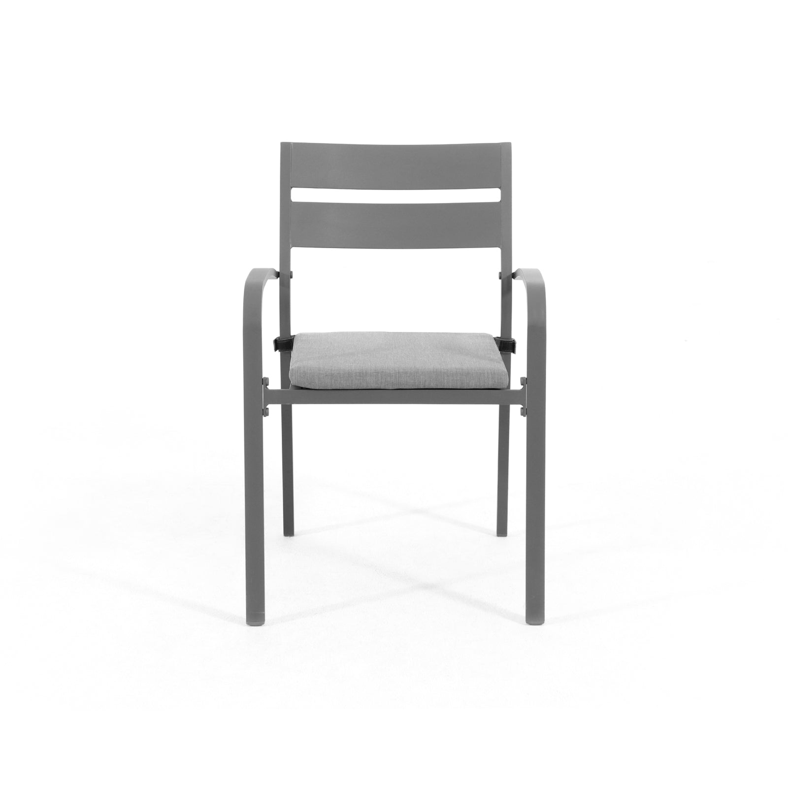 Salina Modern grey aluminum frame outdoor dining chair with grey cushions, front view - Jardina Furniture