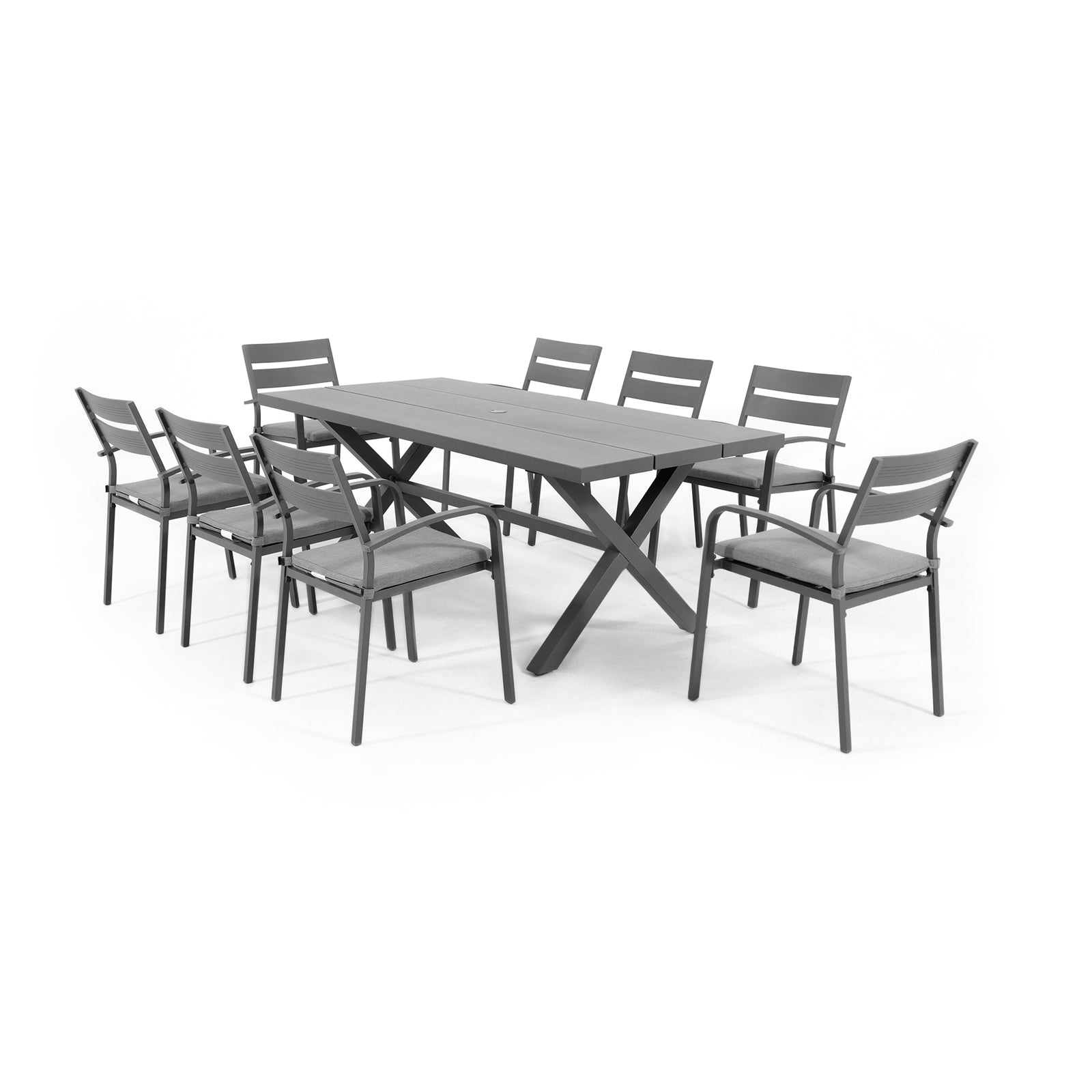 Salina Modern Aluminum Outdoor Furniture, Grey Aluminum Frame Outdoor Dining Set for 8, 8 dining chairs with cushions and X-Shaped Legs Design Dining Table - Jardina Furniture#color_Dark Grey