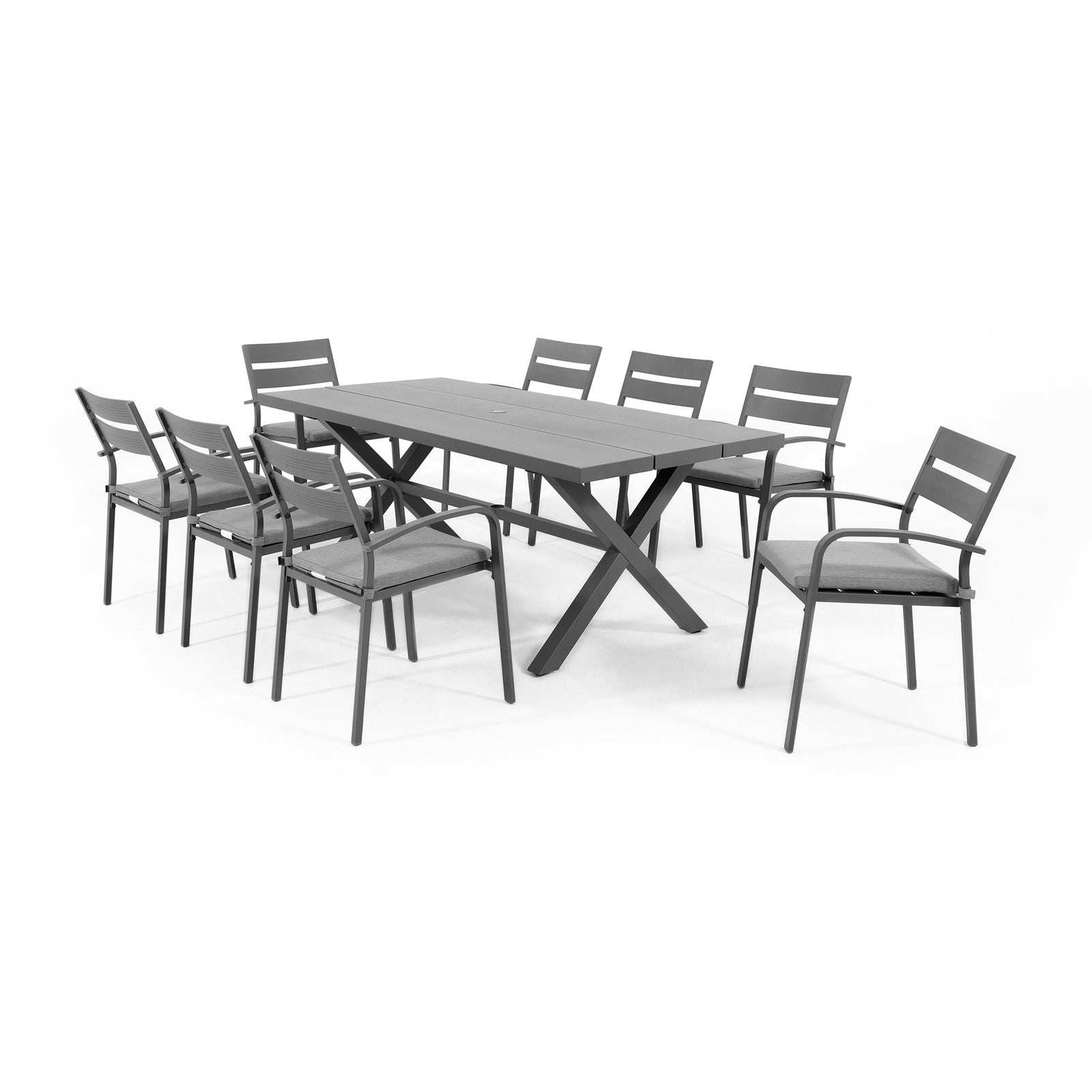 Salina Modern Aluminum Outdoor Furniture, Grey Aluminum Frame Outdoor Dining Set for 8, X-Shaped Legs Design Dining Table #color_Dark Grey