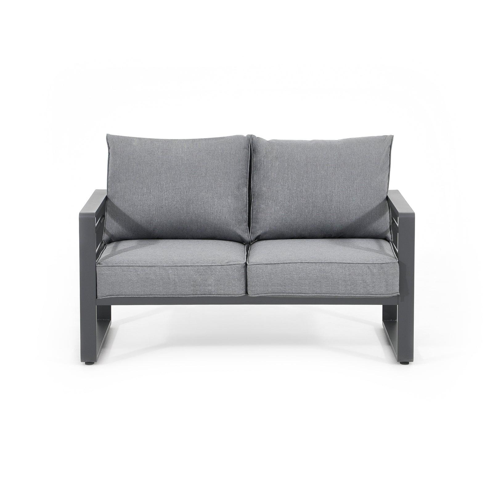 Salina Modern Aluminum Outdoor Furniture, Grey Aluminum Frame Outdoor Loveseat with Grey Cushions - Jardina Furniture
