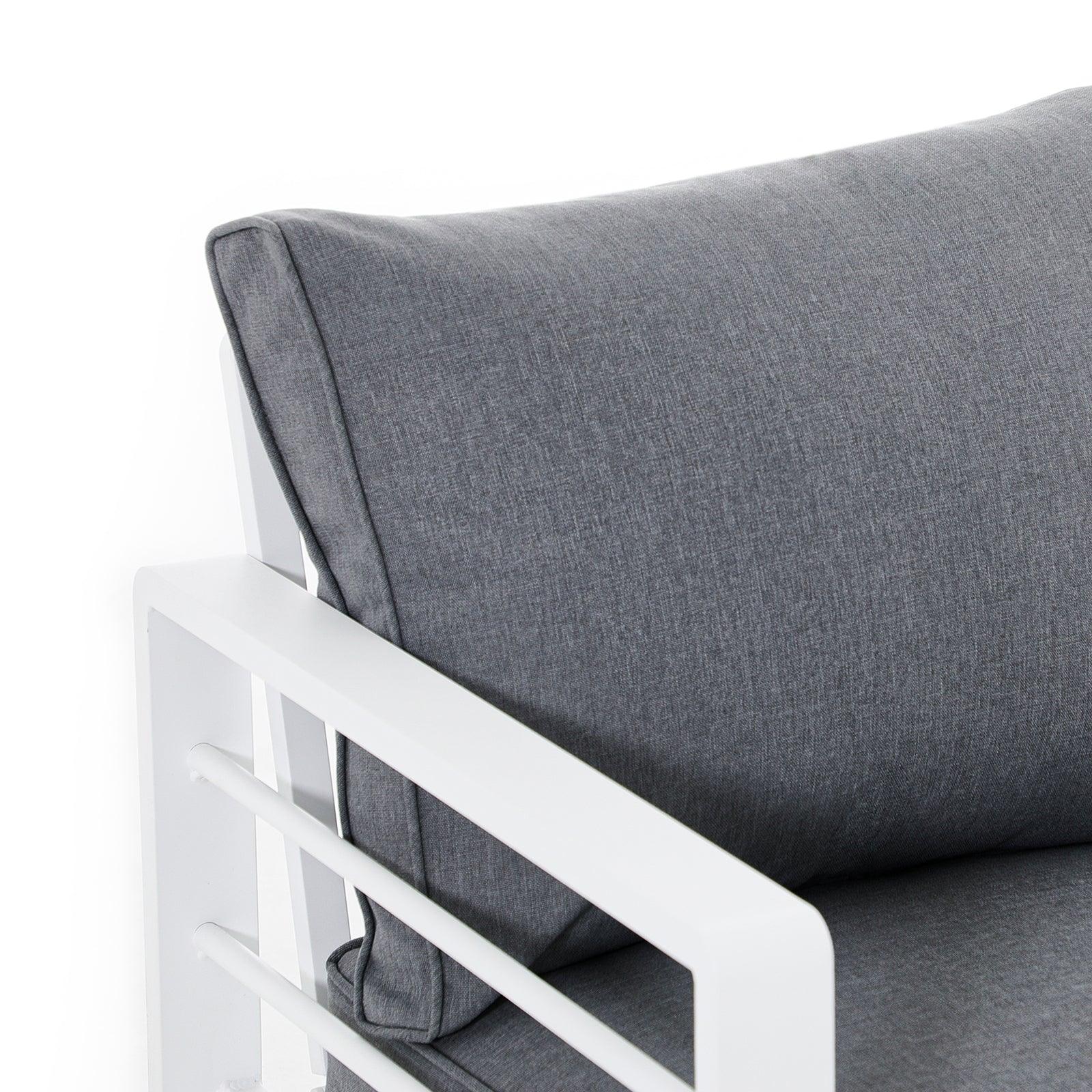 Salina white outdoor loveseat with aluminum frame, grey cushions, cushion detail - Jardina Furniture