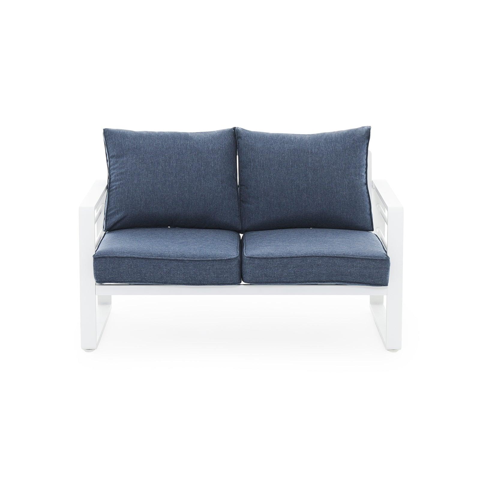Salina White Aluminum Outdoor Loveseat with Navy Blue Cushions - Jardina Furniture