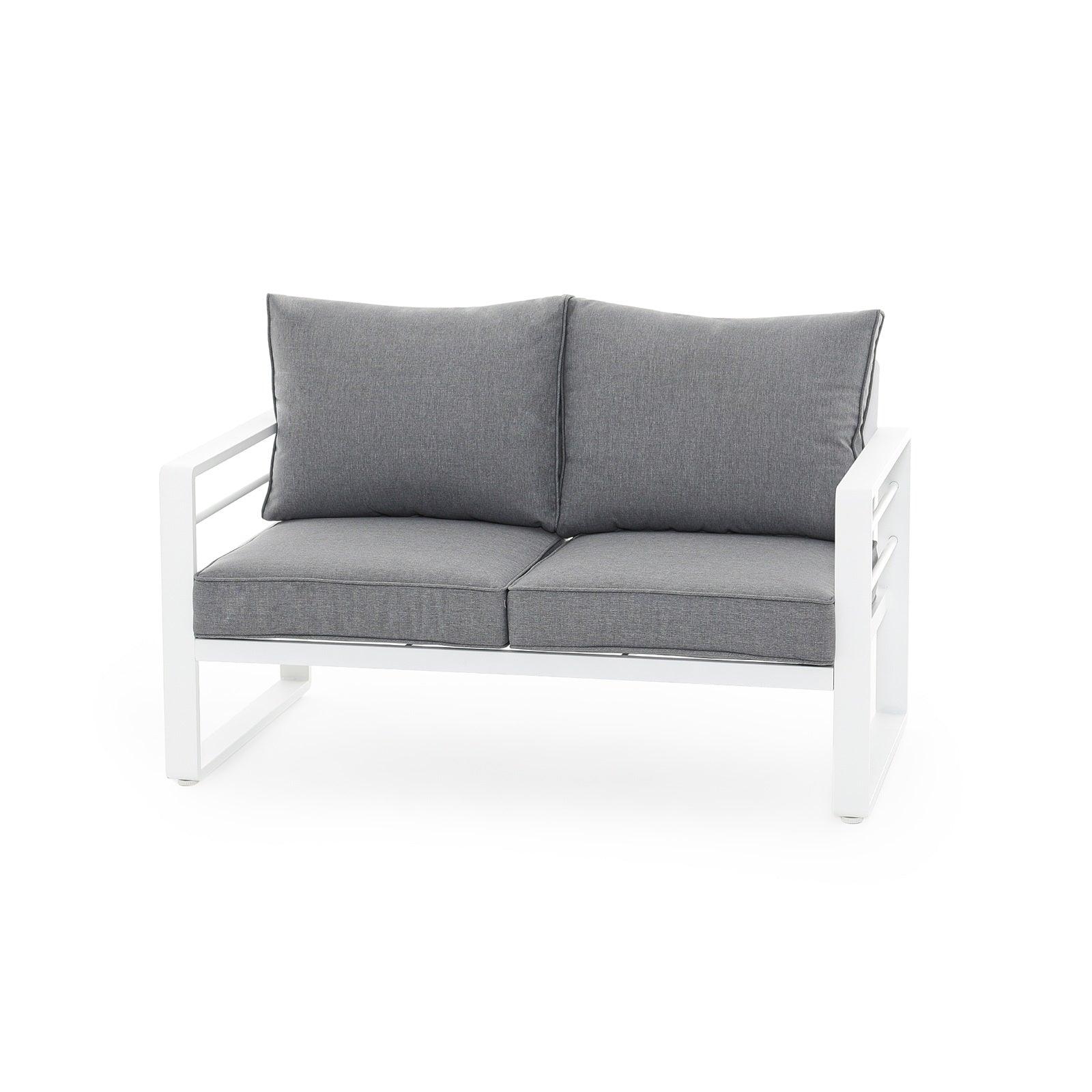 Salina outdoor loveseat with white aluminum frame finish, grey cushions, left - Jardina Furniture