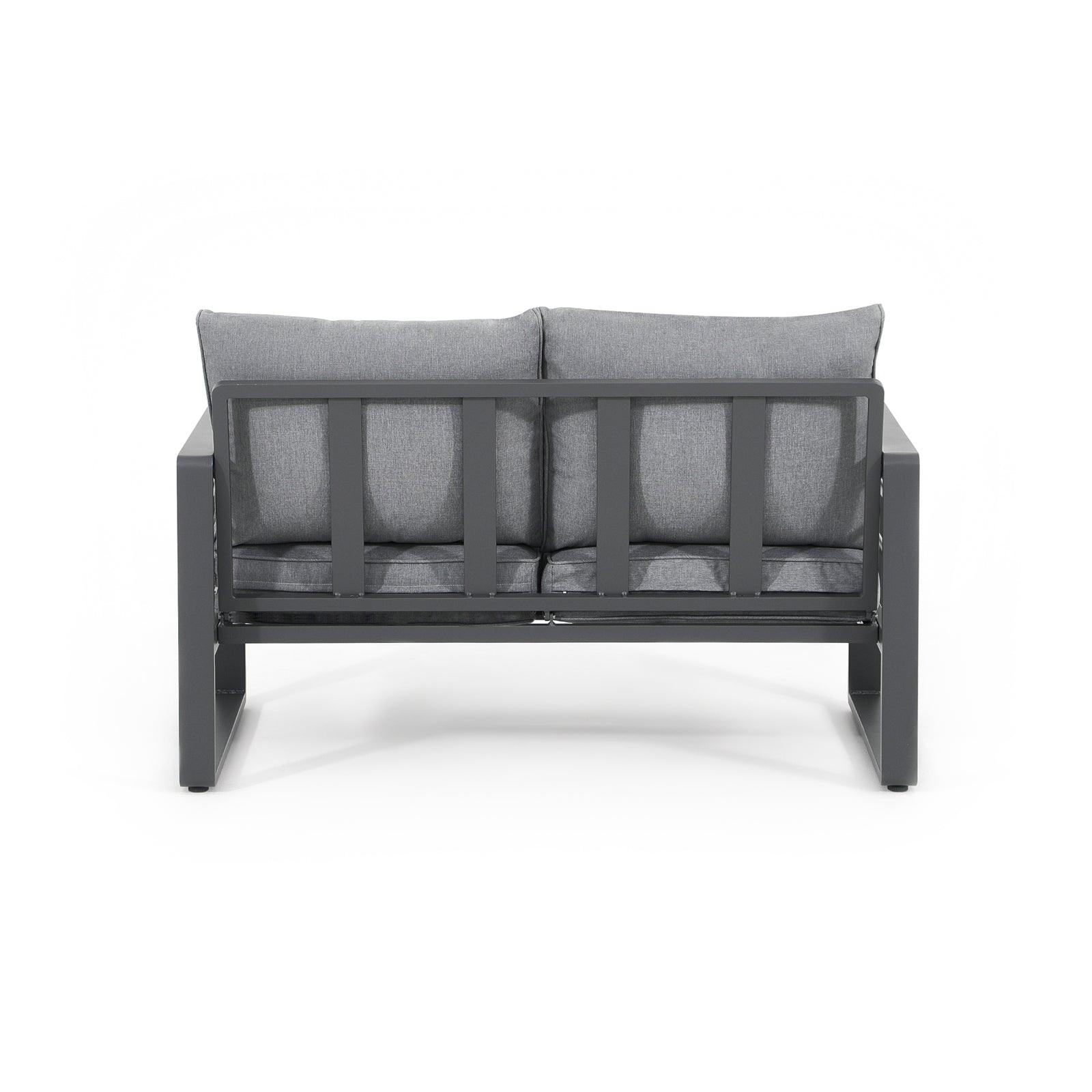 Salina grey outdoor loveseat with aluminum frame, grey cushions, back - Jardina Furniture