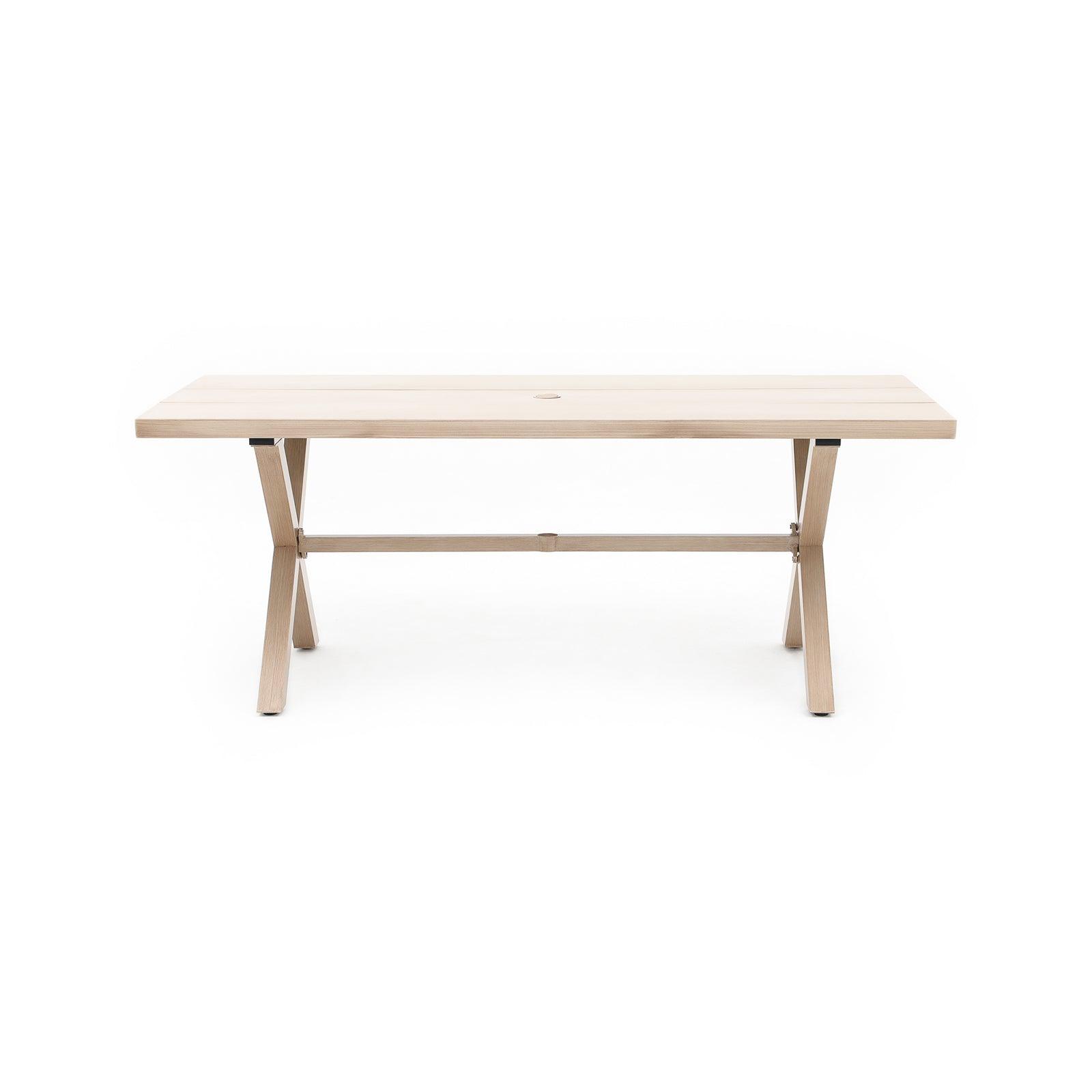 Salina Natural Aluminum Rectangular Dining Table for 8 with Umbrella Hole, X-Shaped Leg Design - Jardina Furniture#color_Natural