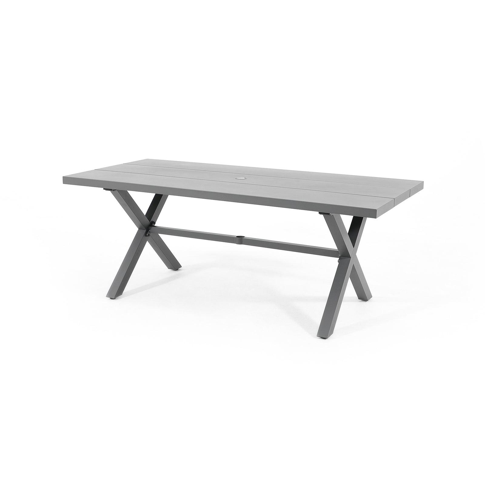 Salina grey X-shaped dining Table with aluminum frame, left - Jardina Furniture#color_Dark Grey