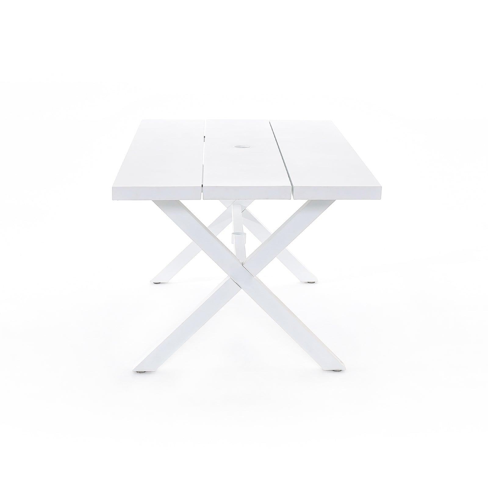 Salina white X-shaped dining table with aluminum frame, side view- Jardina Furniture#color_White