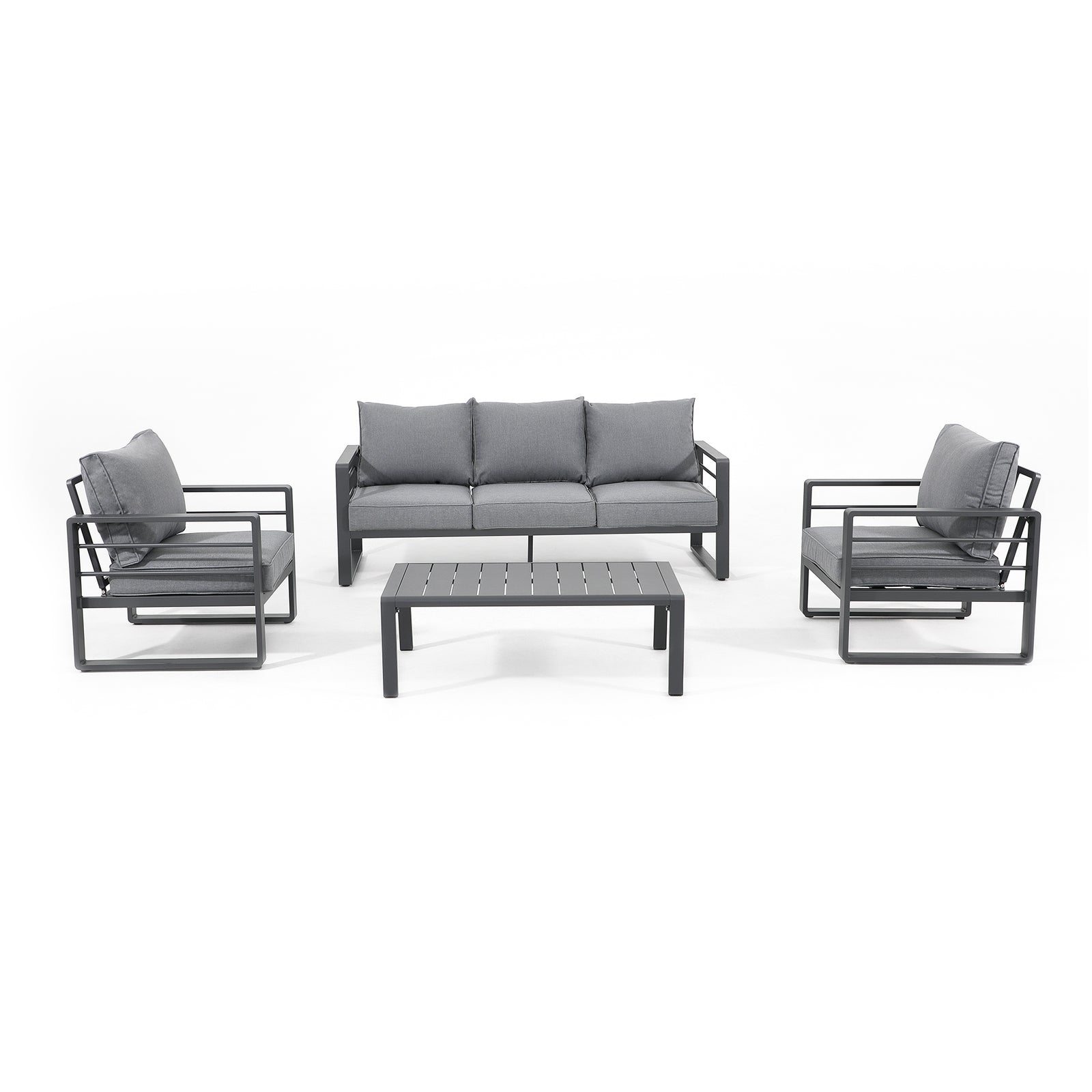 Salina Modern Grey Aluminum Outdoor Sofa Set with Grey Cushions, a 3-seater sofa, 2 armchairs, 1 rectangle coffee table, front view - Jardina Furniture