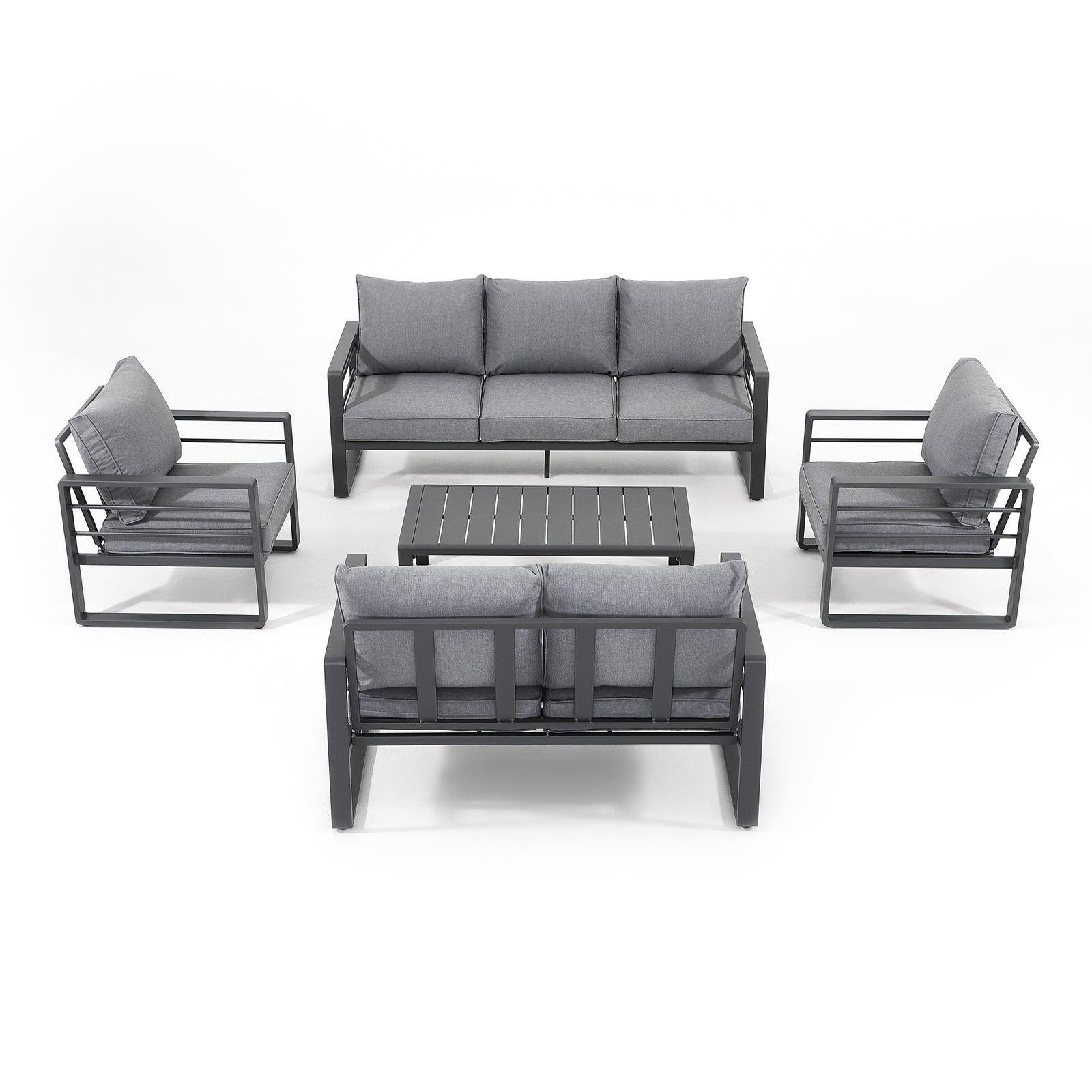 Salina Modern Aluminum Outdoor Furniture, Dark Grey Aluminum Frame Outdoor Sofa with Grey Cushions, a 3-seater sofa, 2-seater sofa, 2 armchairs, 1 rectangle coffee table, front view - Jardina Furniture