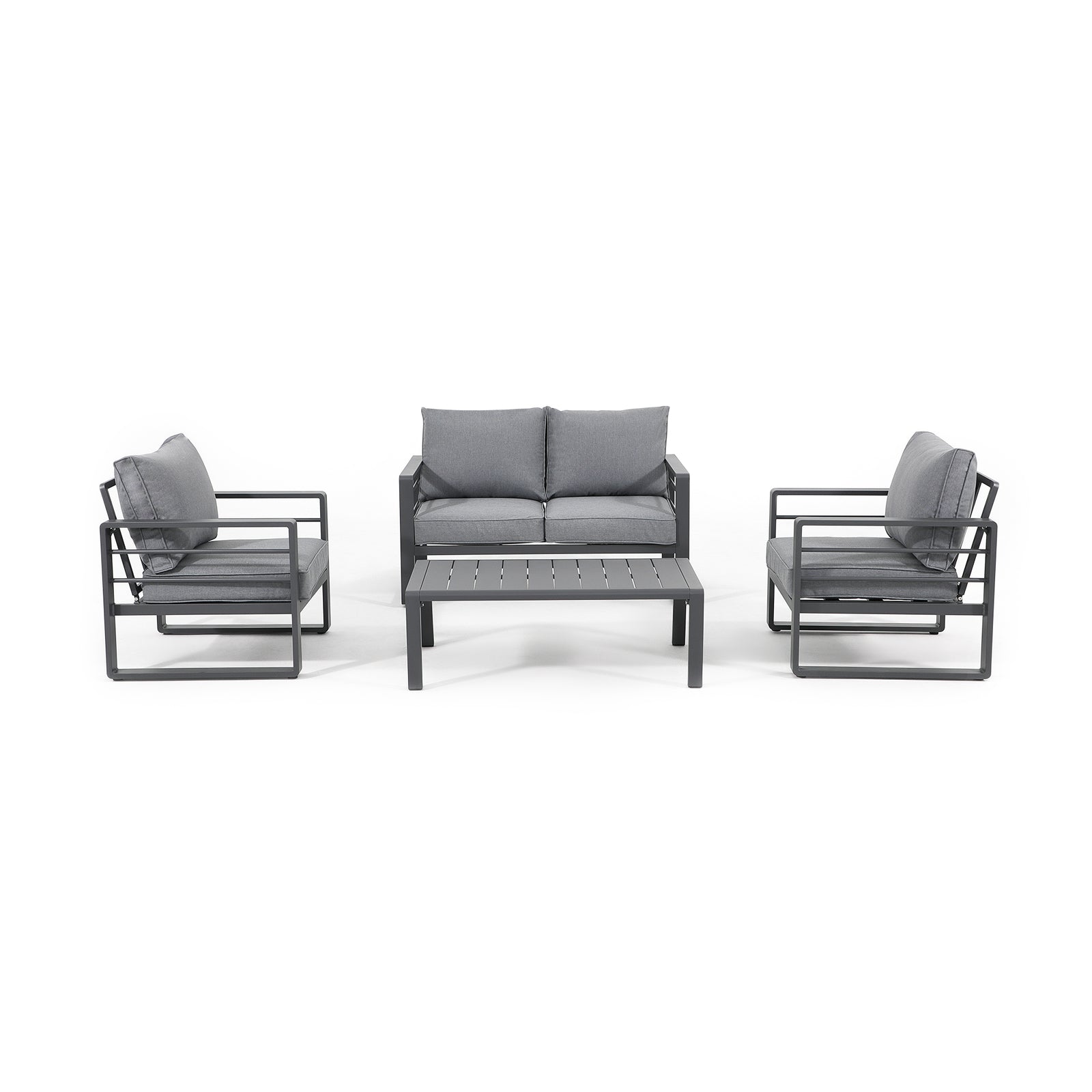 Salina Modern Grey Aluminum Outdoor Sofa Set with Grey Cushions, a 2-seater sofa, 2 armchairs, 1 rectangle coffee table, front view - Jardina Furniture