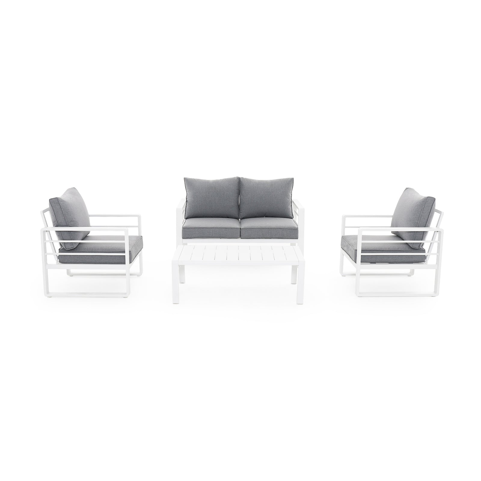 Salina Modern White Aluminum Outdoor Sofa Set with Grey Cushions, a 2-seater sofa, 2 armchairs, 1 rectangle coffee table, front view - Jardina Furniture