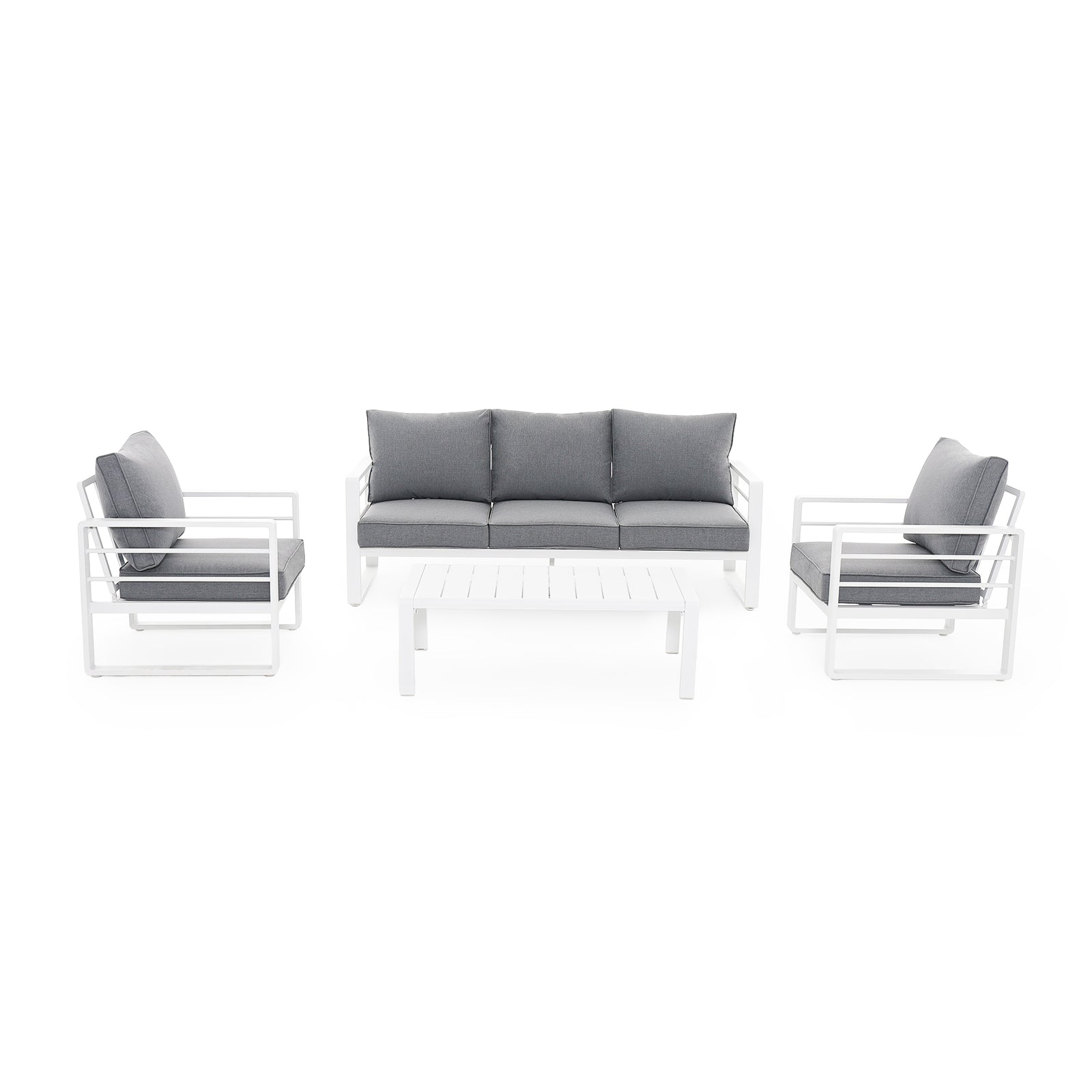 Salina Modern White Aluminum Outdoor Sofa Set with Grey Cushions, a 3-seater sofa, 2 armchairs, 1 rectangle coffee table, front view - Jardina Furniture