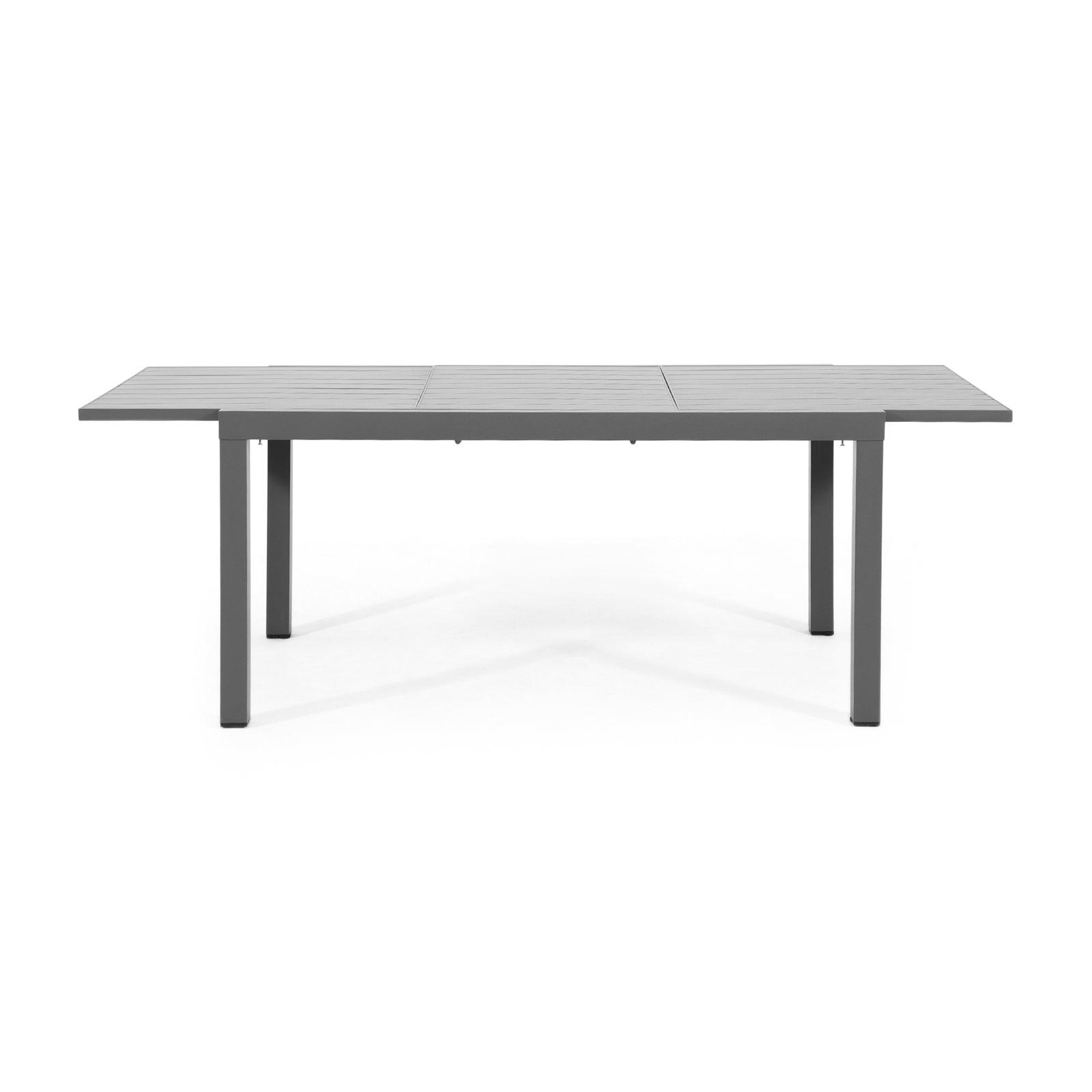 Salina Modern Aluminum Outdoor Table, Rectangle Extendable Grey Aluminum Frame Dining Table for 6-8, Extended view- Jardina Furniture #color_Dark Grey