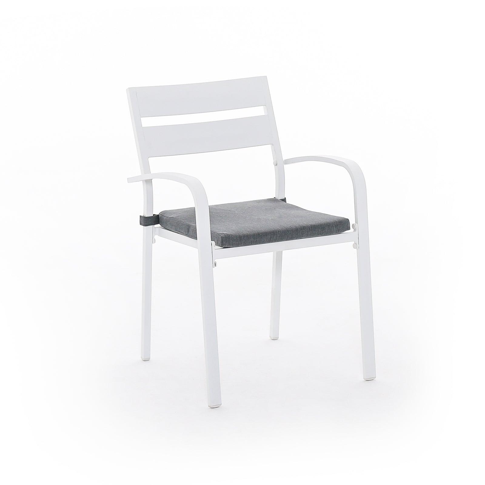 Salina white outdoor Stackable Metal Dining Chairs, grey cushions, right - Jardina Furniture#color_White