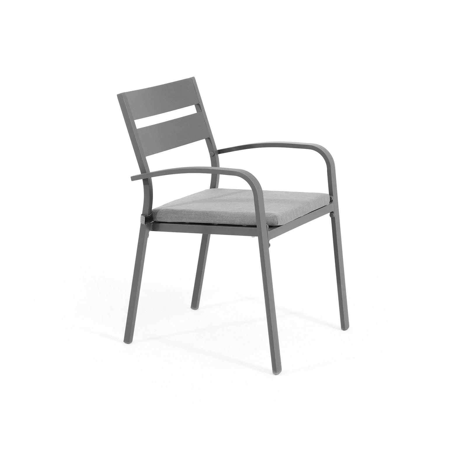 Salina grey outdoor Stackable Metal Dining Chairs, grey cushions, right - Jardina Furniture #color_Dark Grey