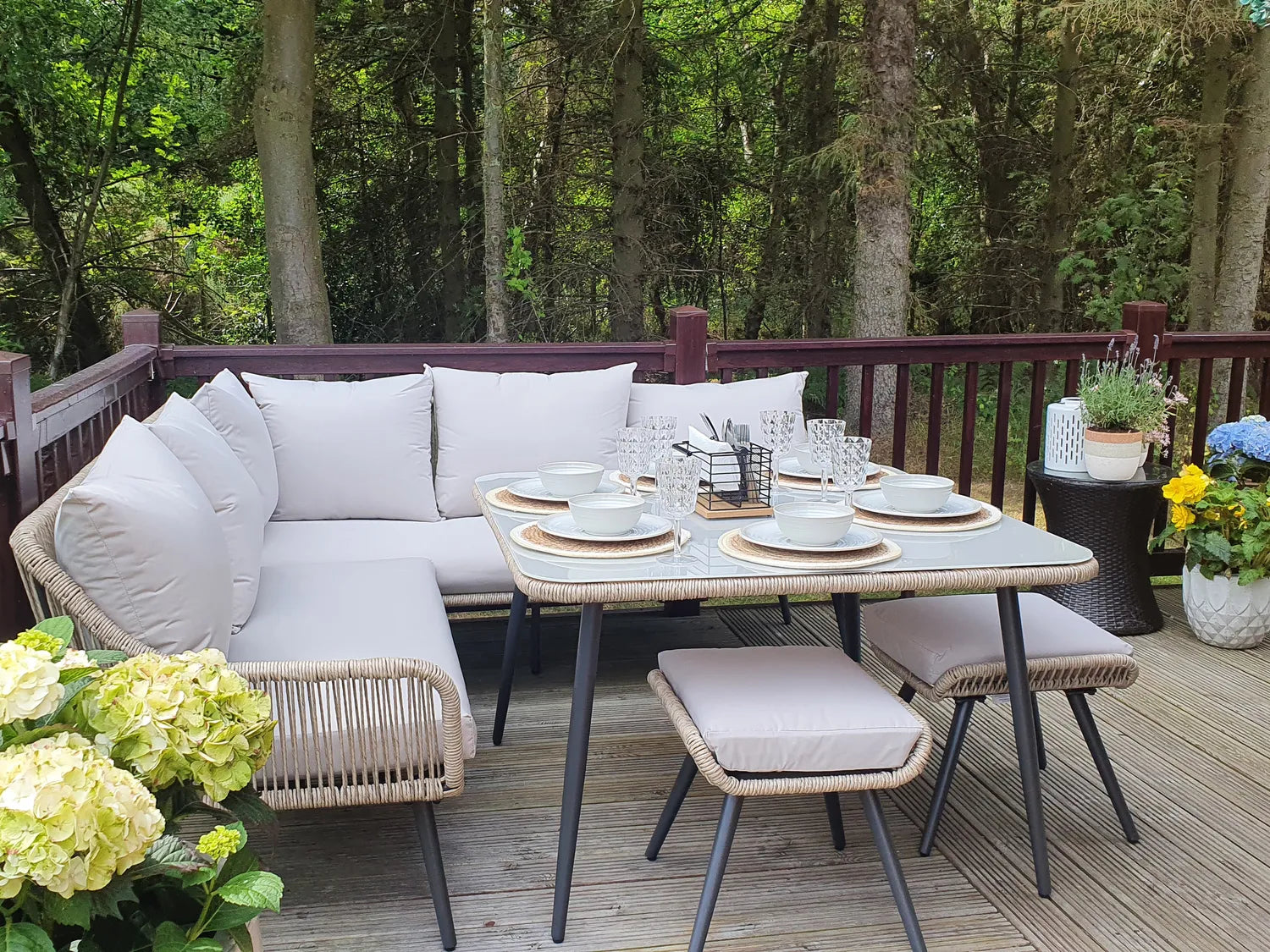 Hallerbos L-Shaped Outdoor Sectional Dining Set, 7 Seats