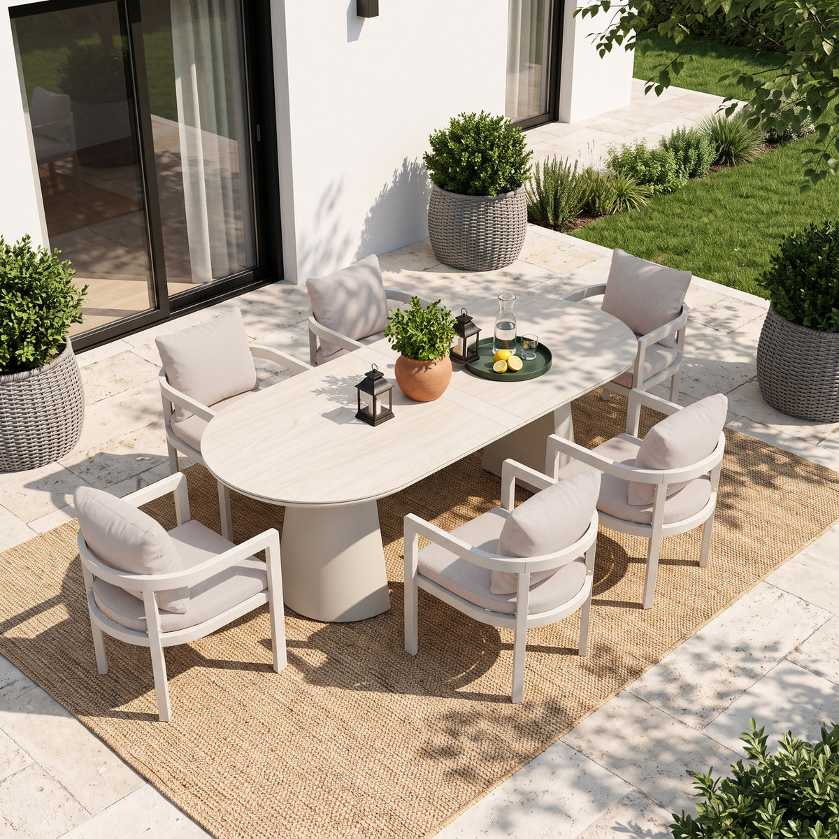 Sova Aluminum Outdoor Dining Chairs, Oyster White Frame & Light Beige Cushions, Set of 2/4/6