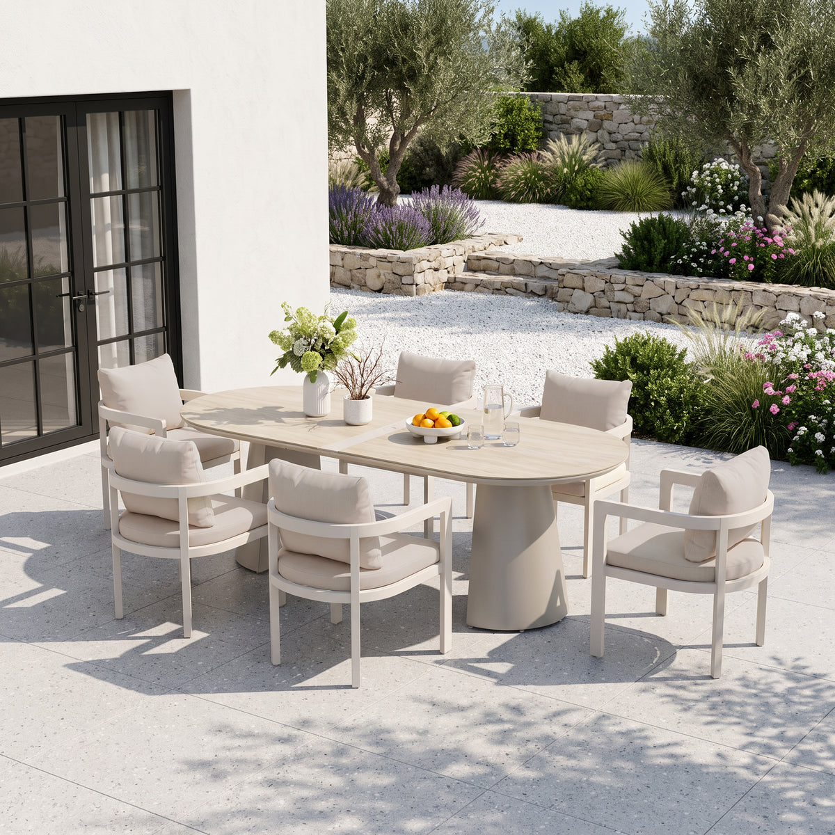 Sova Aluminum Outdoor Dining Chairs, Oyster White Frame & Light Beige Cushions, Set of 2/4/6