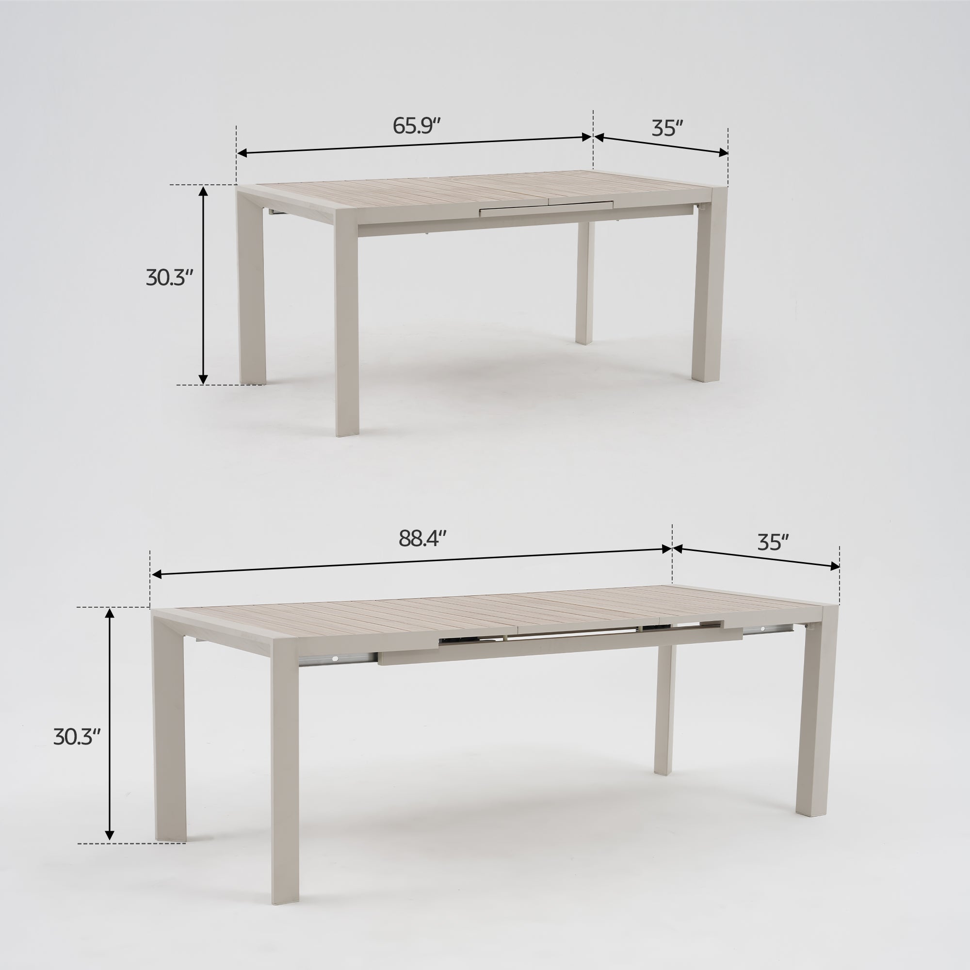 Irati Extendable Aluminum Outdoor Dining Set for 6-8 Seats, Oyster White, Rope Design, Heat‑Transfer Wood‑Look Tabletop