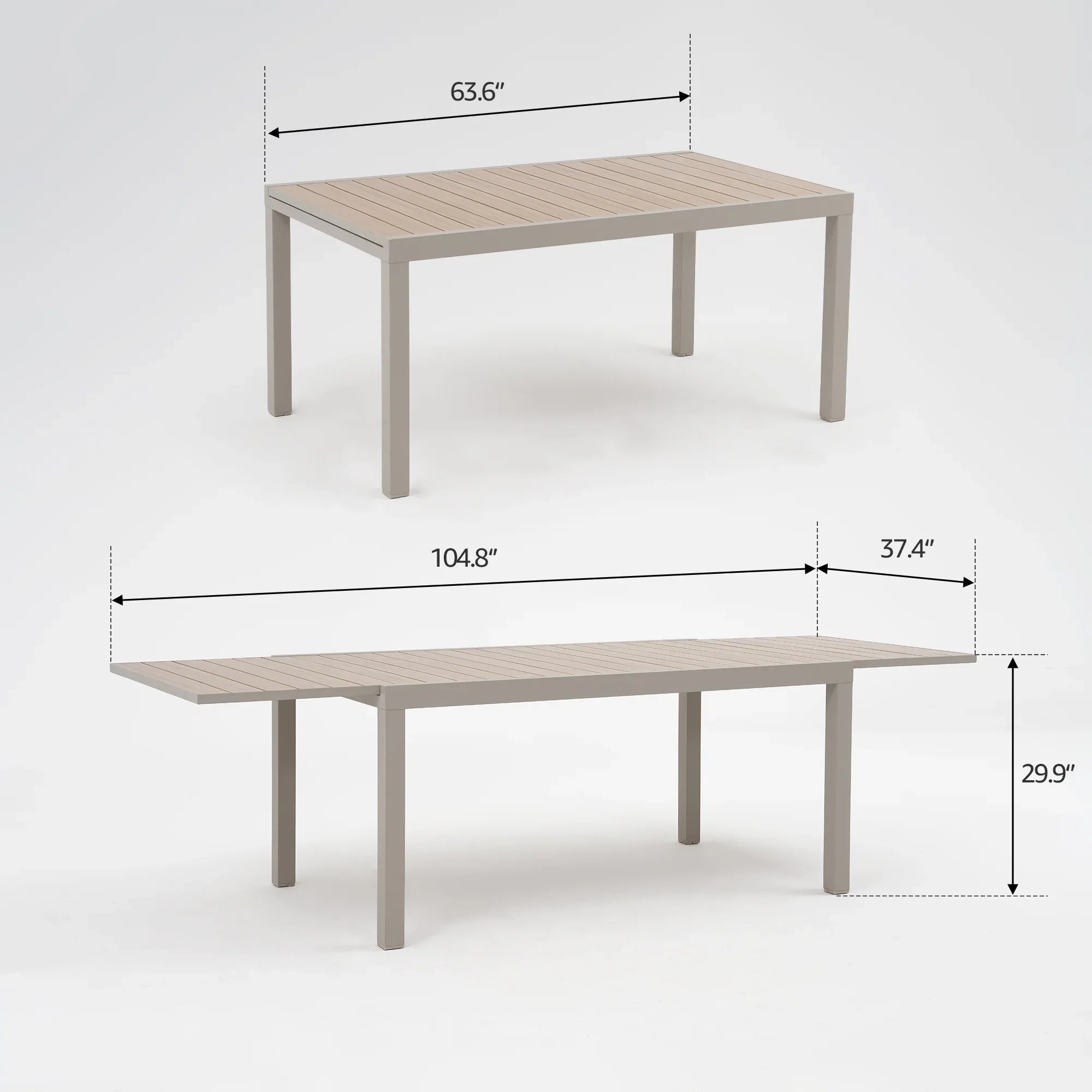 Addison Outdoor Aluminum Dining Set, Timber-Look, Light Beige, Extendable Design, 63"-104"