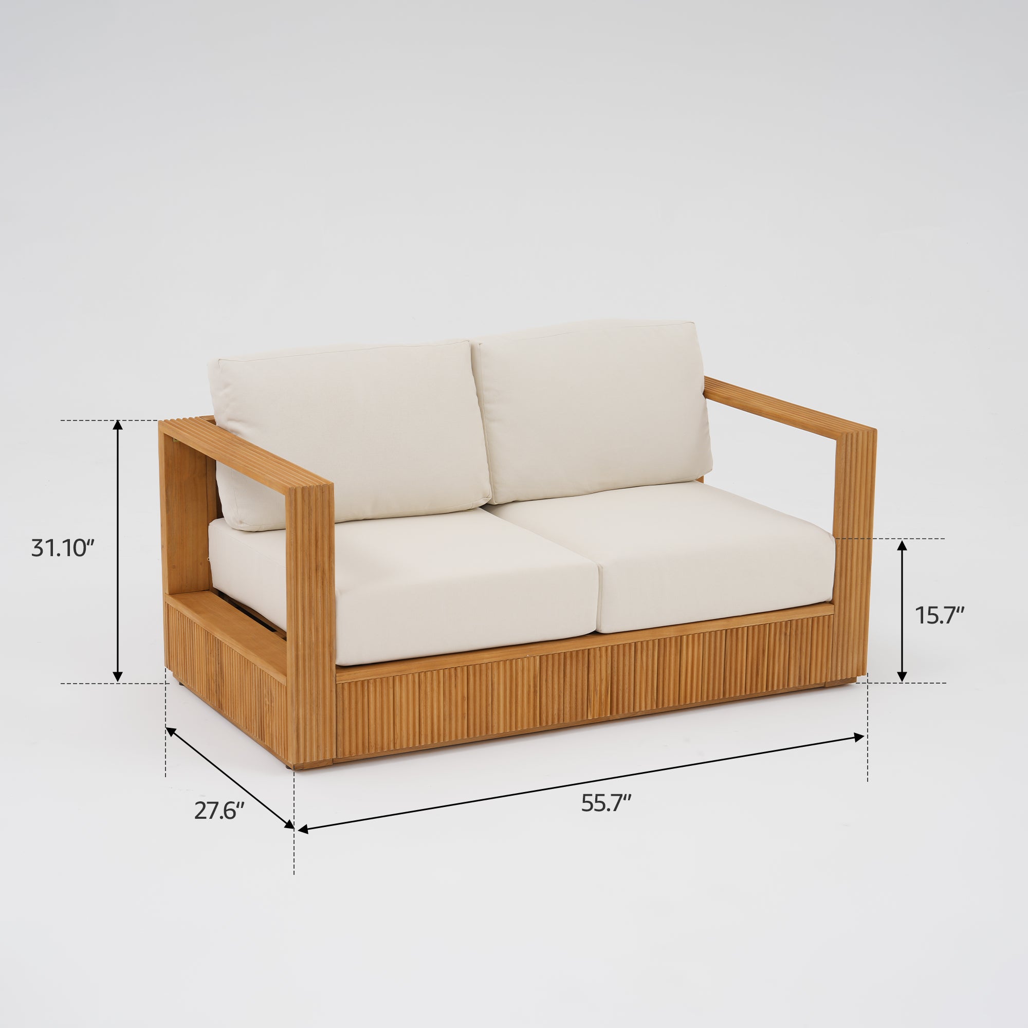 Sintra Outdoor Loveseat, Solid Slatted Frame, FSC Teak Wood with Creamy White Olefin