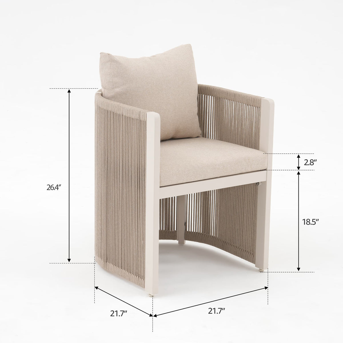 Outdoor armchair with a light beige cushion and woven rope frame with dimensions