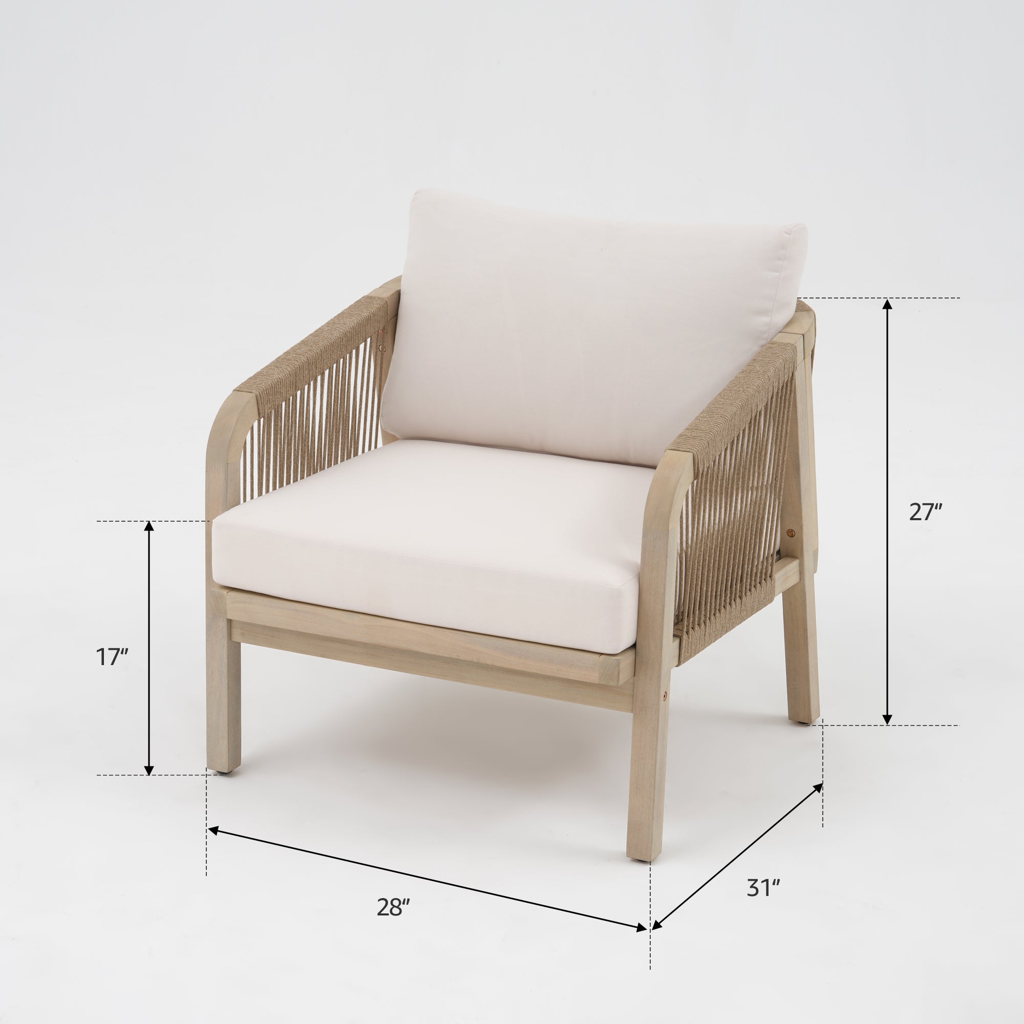Thalea Outdoor Modern Wooden Rope Lounge Chairs, Cream White, Set of 2