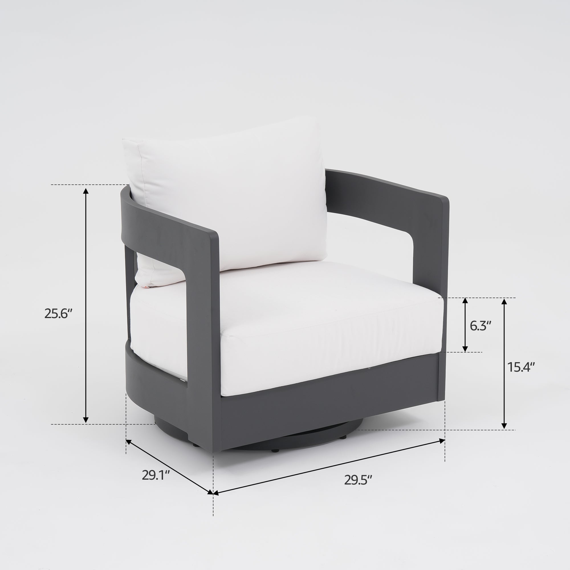 Sova Modern Aluminum Outdoor Sofa Set with Fire Pit, Swivel Chairs, Black Frame & White Sunbrella® Cushions