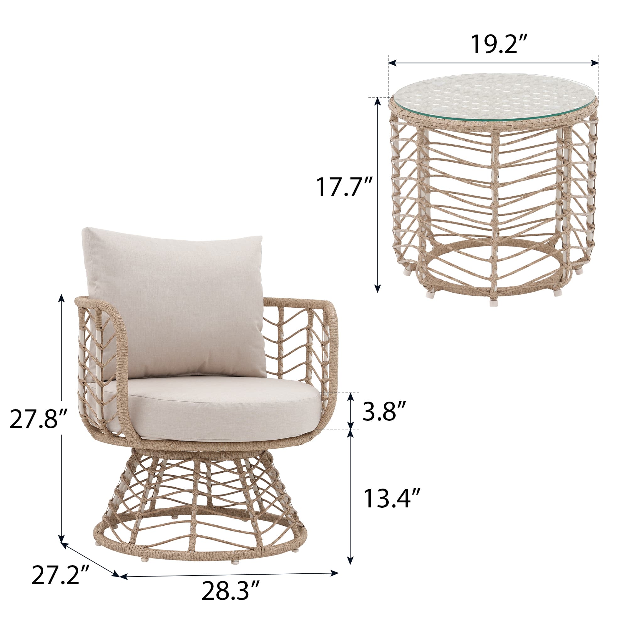 Hallerbos 3-Piece Wicker Patio Bistro Set with table, Swivel Chair